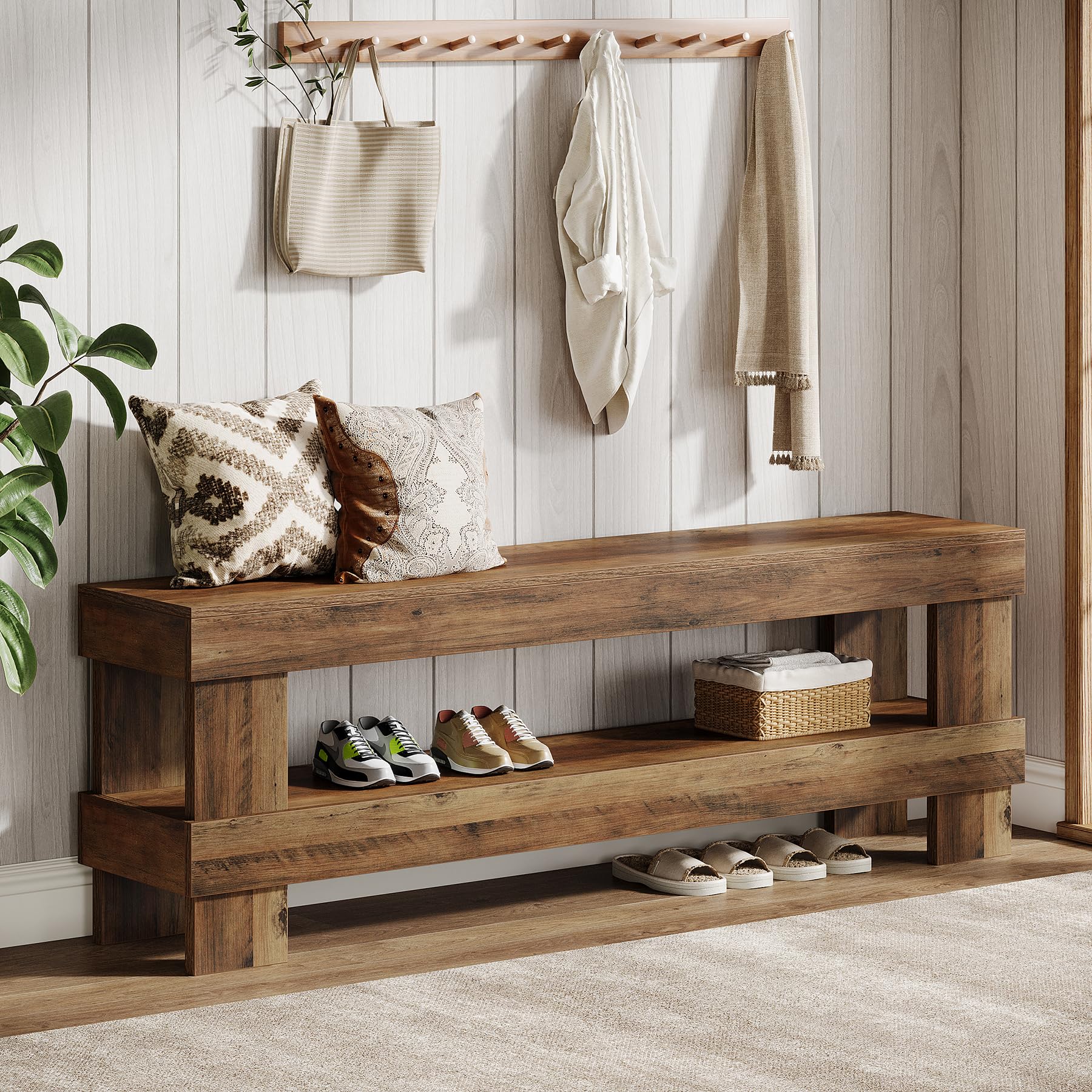 Tribesigns Farmhouse Entryway Bench, Rustic Brown 59-Inch Long Shoe Bench Seat with Open Storage Shelf, 2-Tier Narrow End of Bed Benches for Bedroom, Entryway, Hallway, Indoor, Living Room - Image 3
