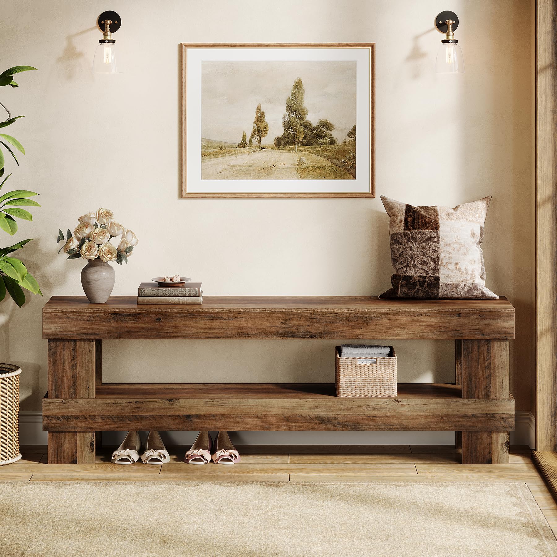 Tribesigns Farmhouse Entryway Bench, Rustic Brown 59-Inch Long Shoe Bench Seat with Open Storage Shelf, 2-Tier Narrow End of Bed Benches for Bedroom, Entryway, Hallway, Indoor, Living Room - Image 4