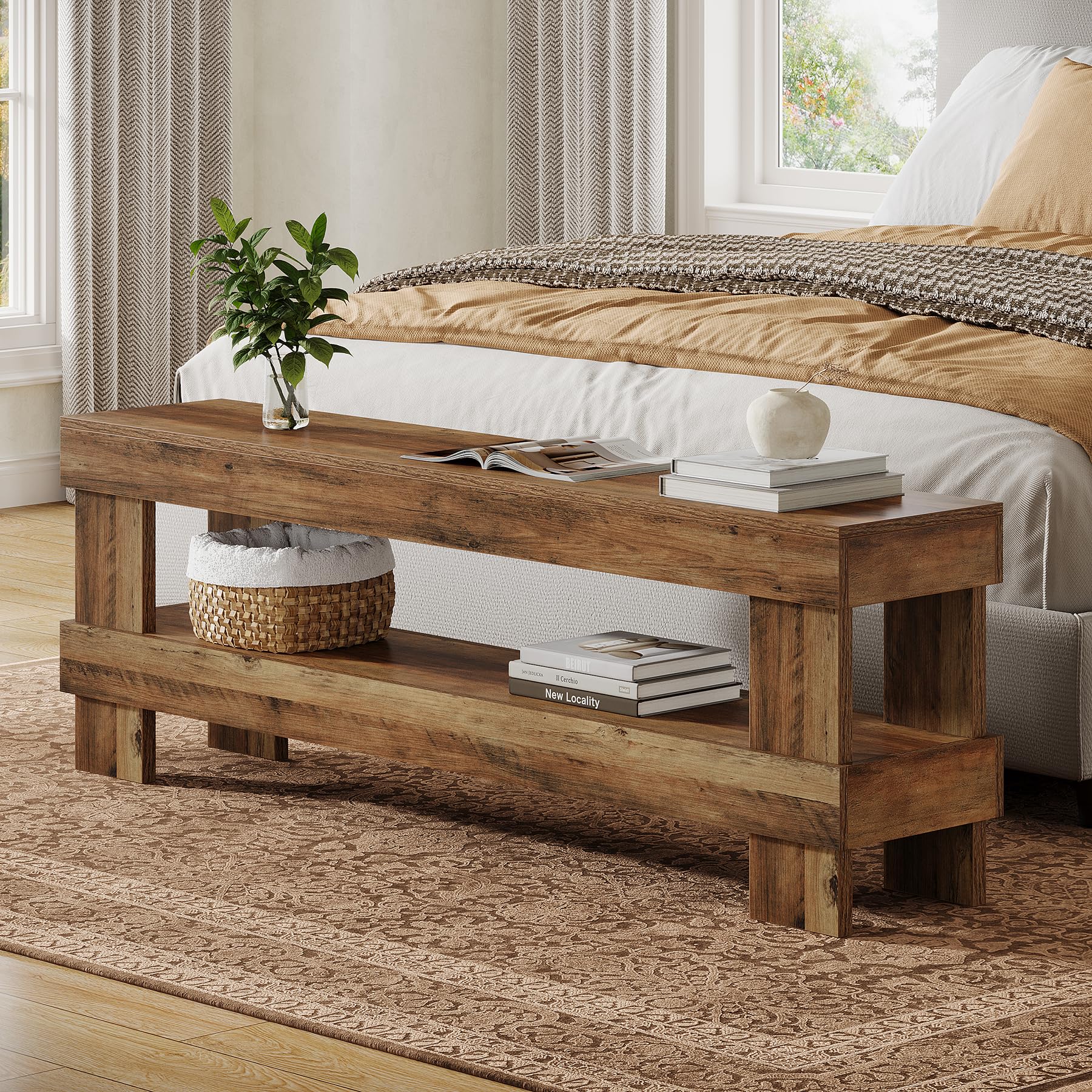 Tribesigns Farmhouse Entryway Bench, Rustic Brown 59-Inch Long Shoe Bench Seat with Open Storage Shelf, 2-Tier Narrow End of Bed Benches for Bedroom, Entryway, Hallway, Indoor, Living Room - Image 5