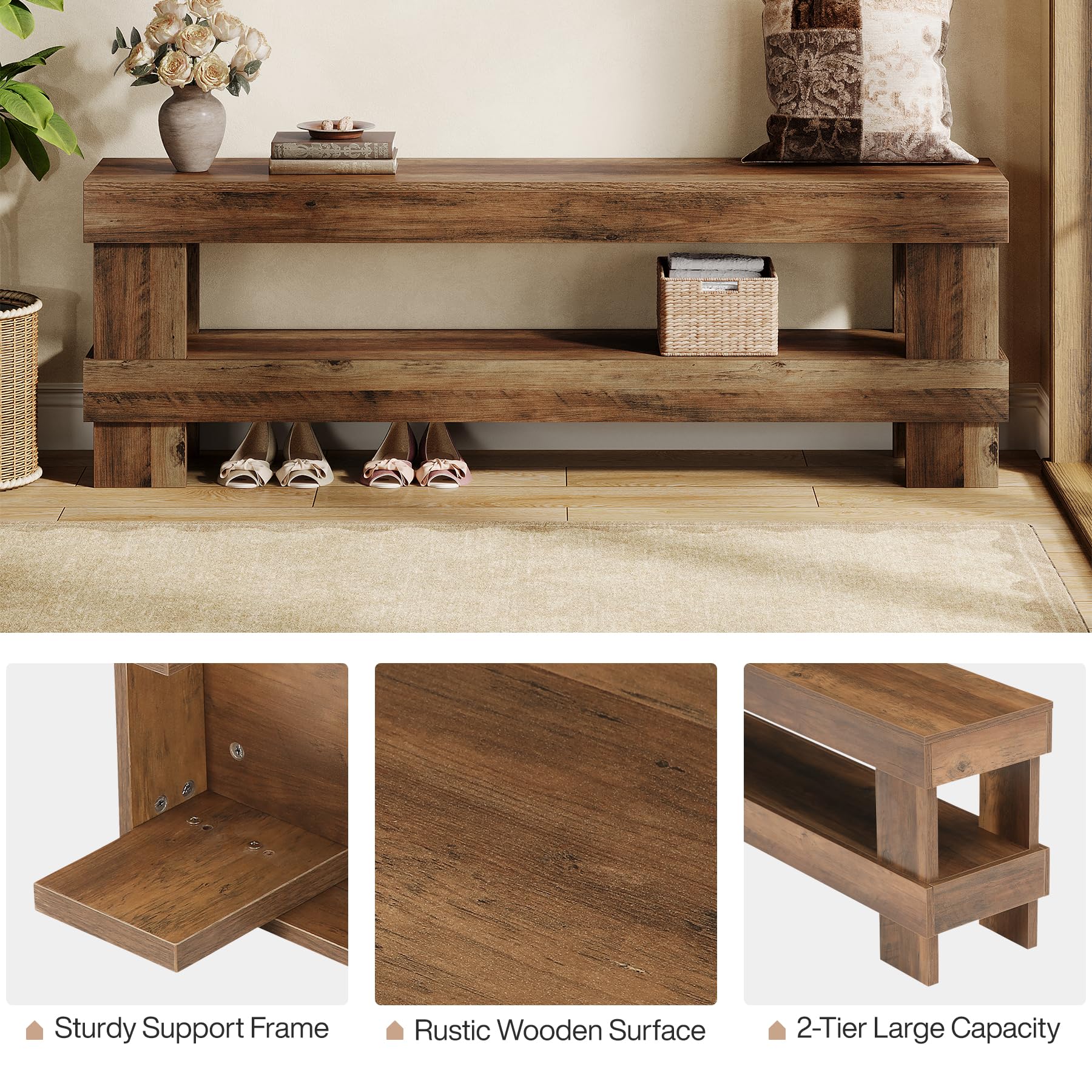 Tribesigns Farmhouse Entryway Bench, Rustic Brown 59-Inch Long Shoe Bench Seat with Open Storage Shelf, 2-Tier Narrow End of Bed Benches for Bedroom, Entryway, Hallway, Indoor, Living Room - Image 6