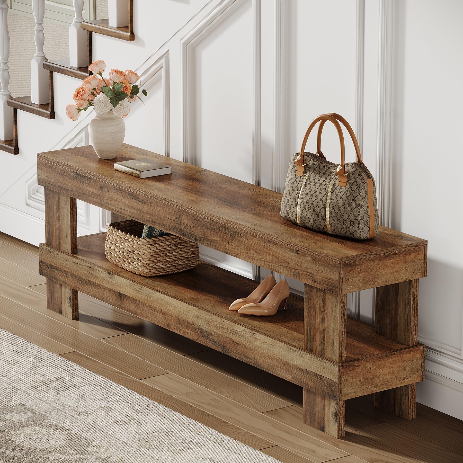 Tribesigns Farmhouse Entryway Bench, Rustic Brown 59-Inch Long Shoe Bench Seat with Open Storage Shelf, 2-Tier Narrow End of Bed Benches for Bedroom, Entryway, Hallway, Indoor, Living Room - Image 8