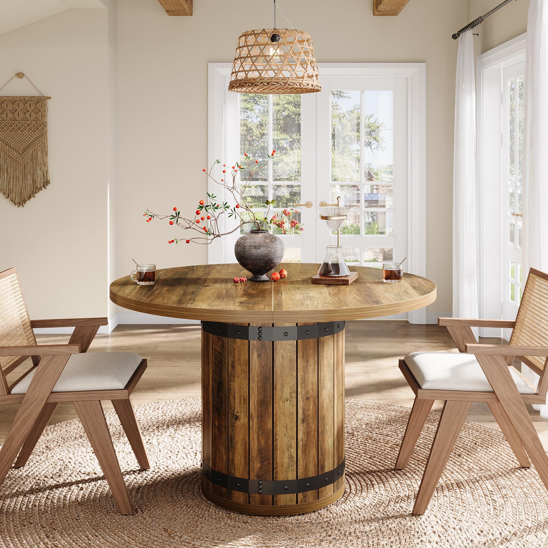 Tribesigns Farmhouse Round Dining Table, 39.37-Inch Dining Table for 4, Round Kitchen Desk with Spliced Tabletop and Fence Base, Dinner Desk for Kitchen Living Room (Rustic Brown, Only Table) - Image 4