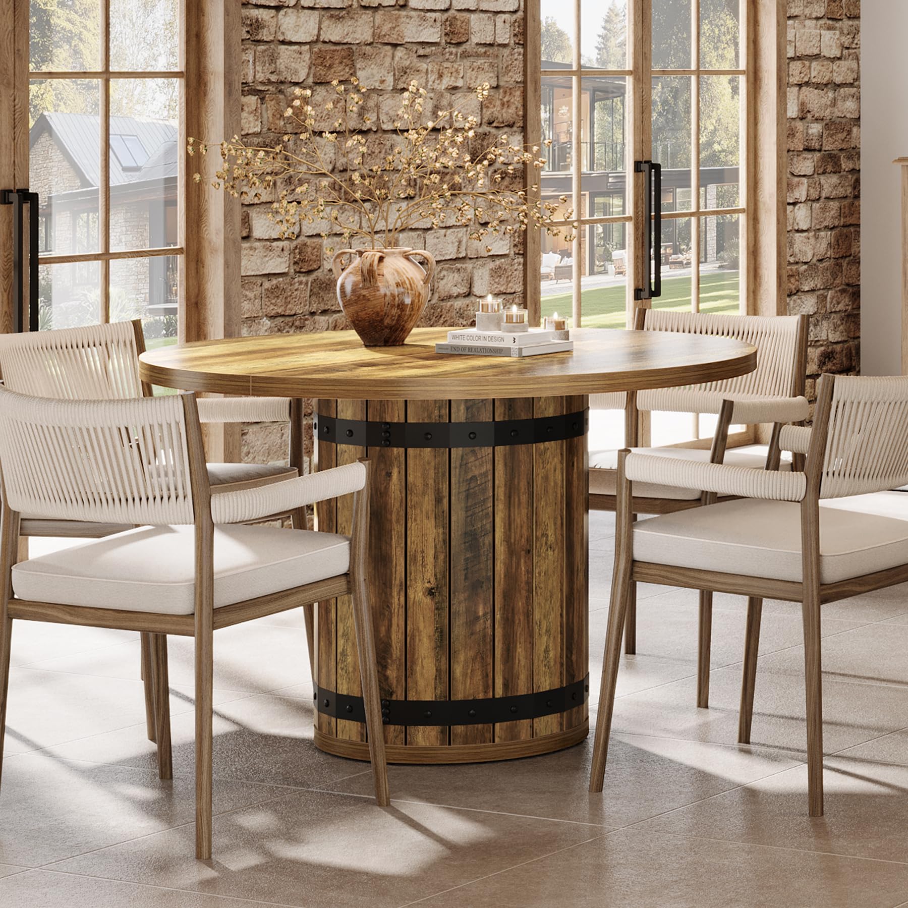 Tribesigns Farmhouse Round Dining Table, 39.37-Inch Dining Table for 4, Round Kitchen Desk with Spliced Tabletop and Fence Base, Dinner Desk for Kitchen Living Room (Rustic Brown, Only Table) - Image 5