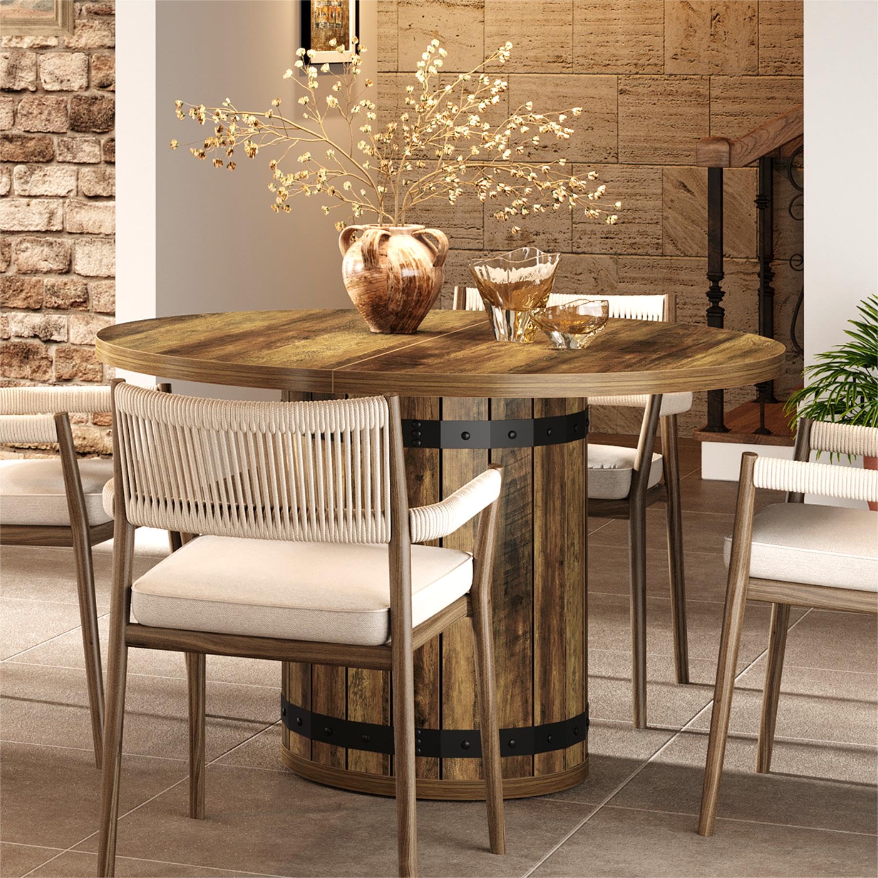 Tribesigns Farmhouse Round Dining Table, 39.37-Inch Dining Table for 4, Round Kitchen Desk with Spliced Tabletop and Fence Base, Dinner Desk for Kitchen Living Room (Rustic Brown, Only Table) - Image 8