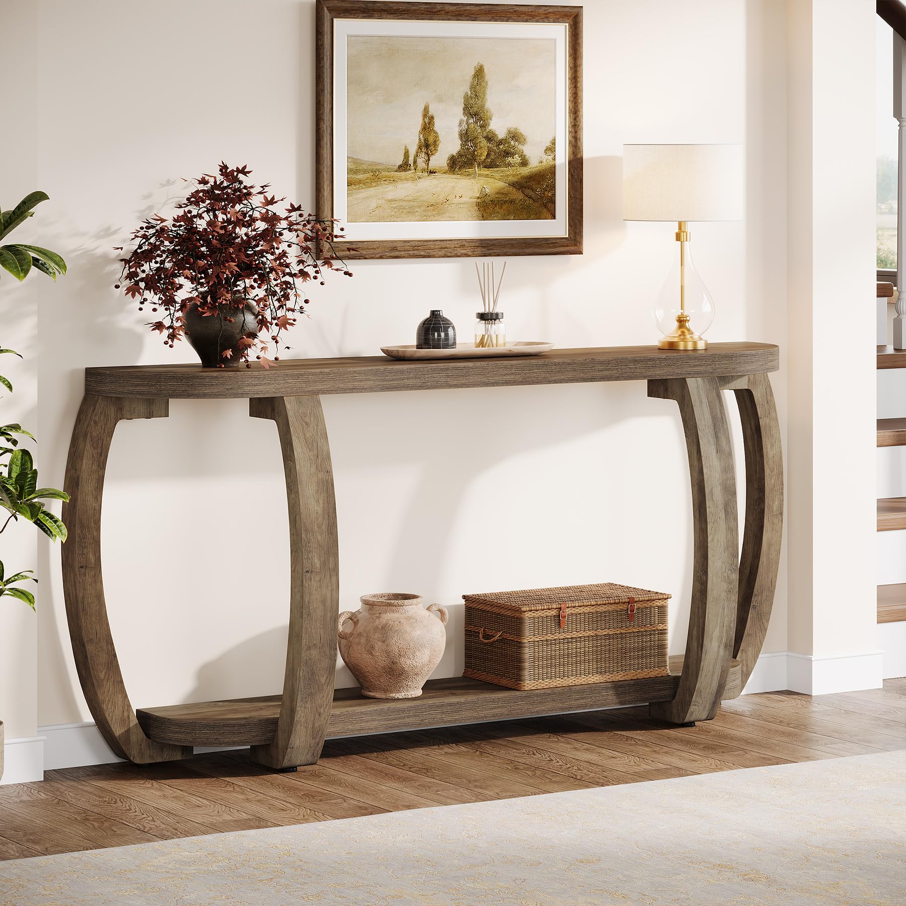 Tribesigns Farmhouse Wooden Console Table with Open Shelf, 63-Inch Long Sofa Entryway Table with Curved Legs for Living Room, Hallway, Entrance - Image 3
