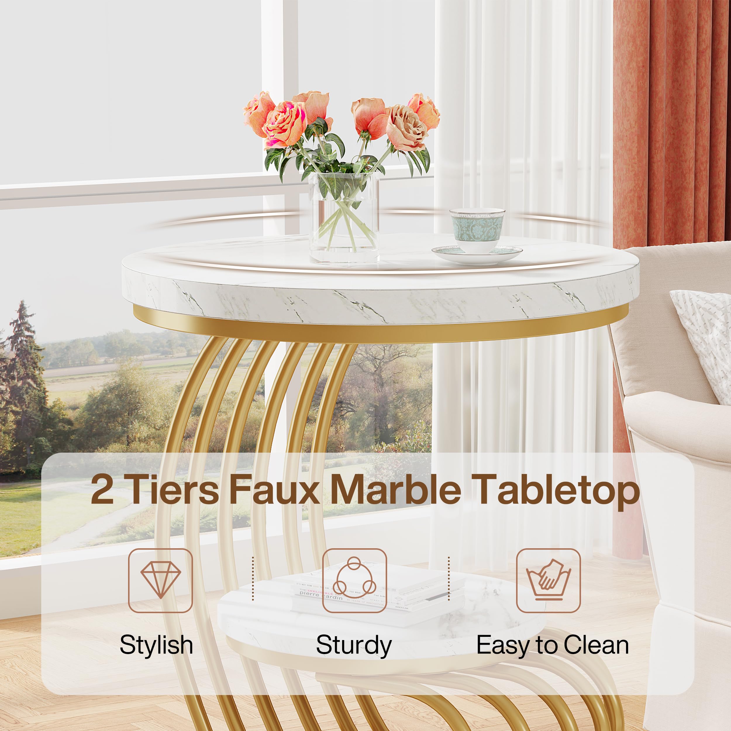 Tribesigns Gold Round End Table: 2 Tiers Faux Marble Side Table with Storage Shelf, Modern White Gold Bedside Nightstand, Metal Arc-Shaped Frame Accent Table for Living Room, Bedroom - Image 5
