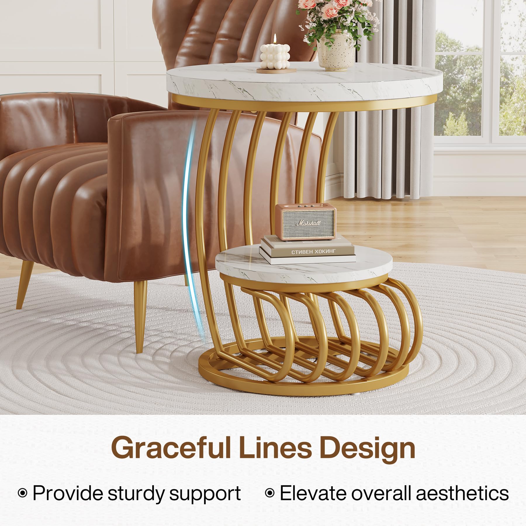 Tribesigns Gold Round End Table: 2 Tiers Faux Marble Side Table with Storage Shelf, Modern White Gold Bedside Nightstand, Metal Arc-Shaped Frame Accent Table for Living Room, Bedroom - Image 6