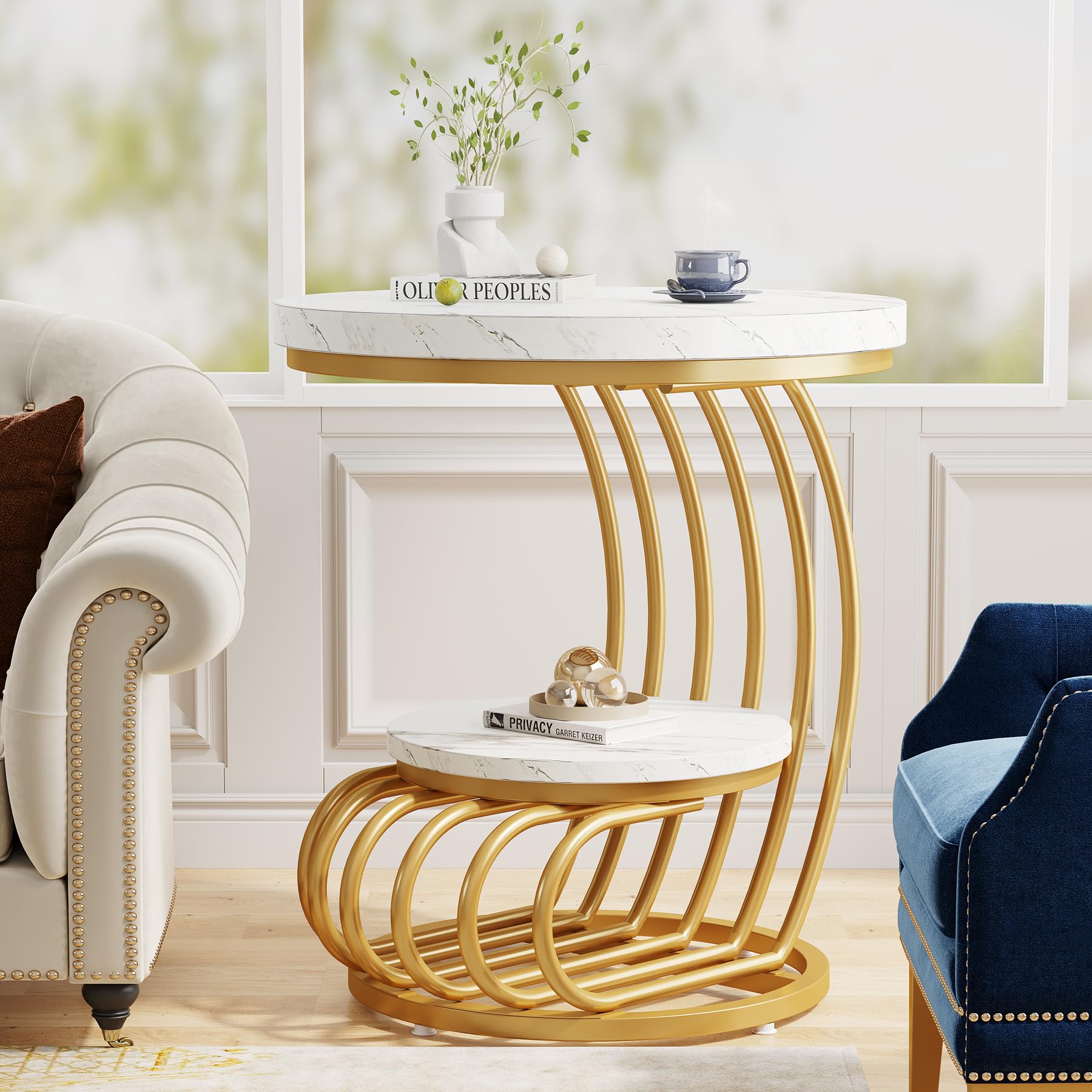 Tribesigns Gold Round End Table: 2 Tiers Faux Marble Side Table with Storage Shelf, Modern White Gold Bedside Nightstand, Metal Arc-Shaped Frame Accent Table for Living Room, Bedroom - Image 7