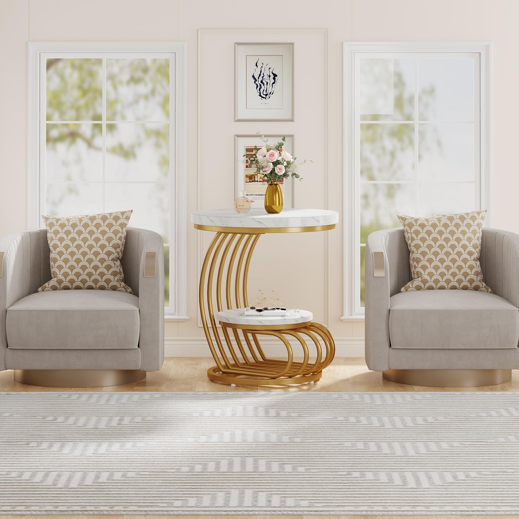 Tribesigns Gold Round End Table: 2 Tiers Faux Marble Side Table with Storage Shelf, Modern White Gold Bedside Nightstand, Metal Arc-Shaped Frame Accent Table for Living Room, Bedroom - Image 9