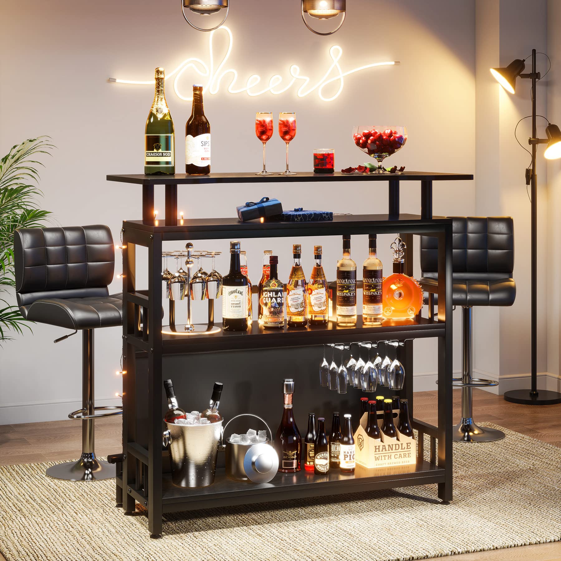 Tribesigns Home Bar Unit for Liquor, 44-Inch Bar Height Table with Storage, Black Mini Entertainment Carts Pub Table with Upholstered&Metal Front Footrest for Kitchen, Balcony, Basement - Image 3