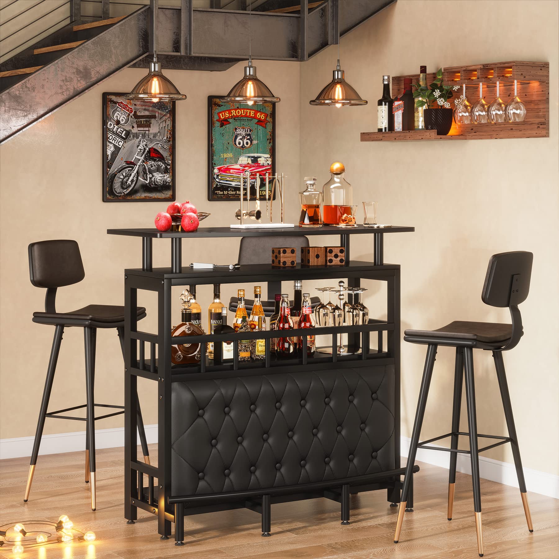 Tribesigns Home Bar Unit for Liquor, 44-Inch Bar Height Table with Storage, Black Mini Entertainment Carts Pub Table with Upholstered&Metal Front Footrest for Kitchen, Balcony, Basement - Image 7