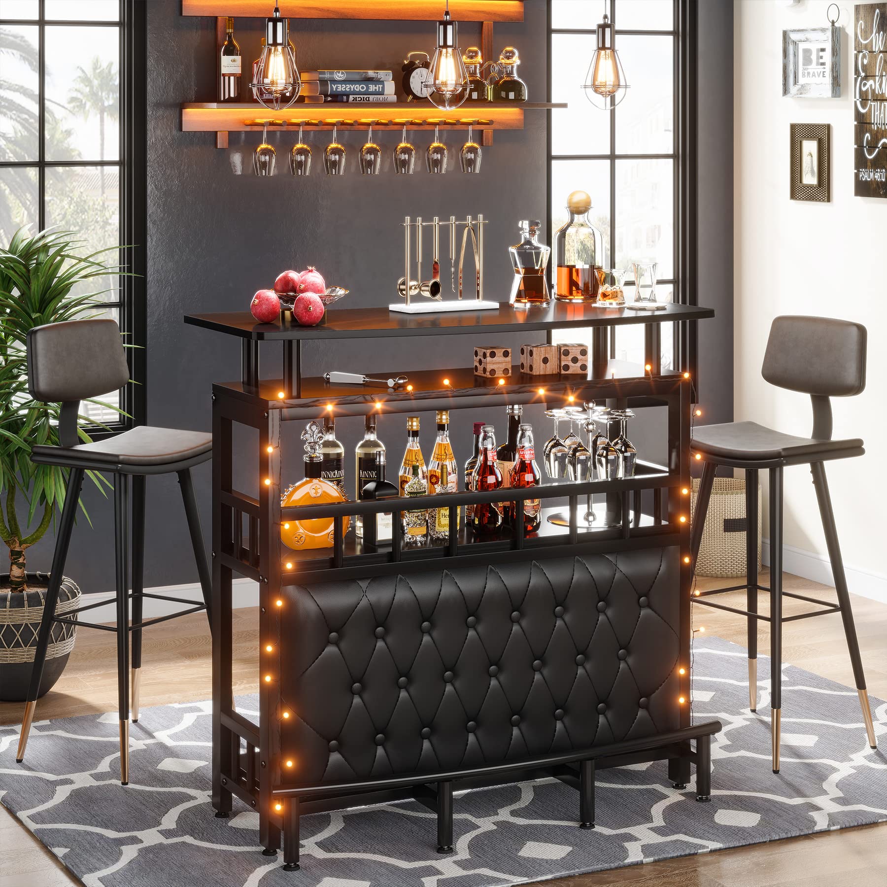 Tribesigns Home Bar Unit for Liquor, 44-Inch Bar Height Table with Storage, Black Mini Entertainment Carts Pub Table with Upholstered&Metal Front Footrest for Kitchen, Balcony, Basement - Image 9