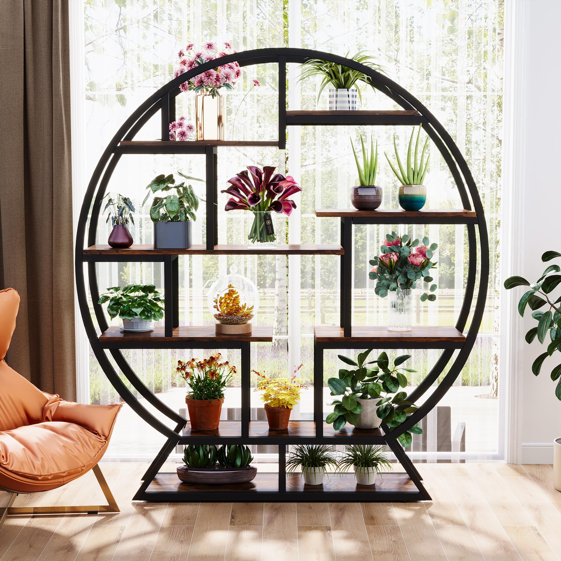 Tribesigns Indoor Plant Stand, 63 Inch Round Plant Shelf Holder, Multipurpose Flower Pot Stands with 8 Shelves, Metal and Wood Bonsai Potted Plants Display Rack for Living Room, Balcony, Patio - Image 5