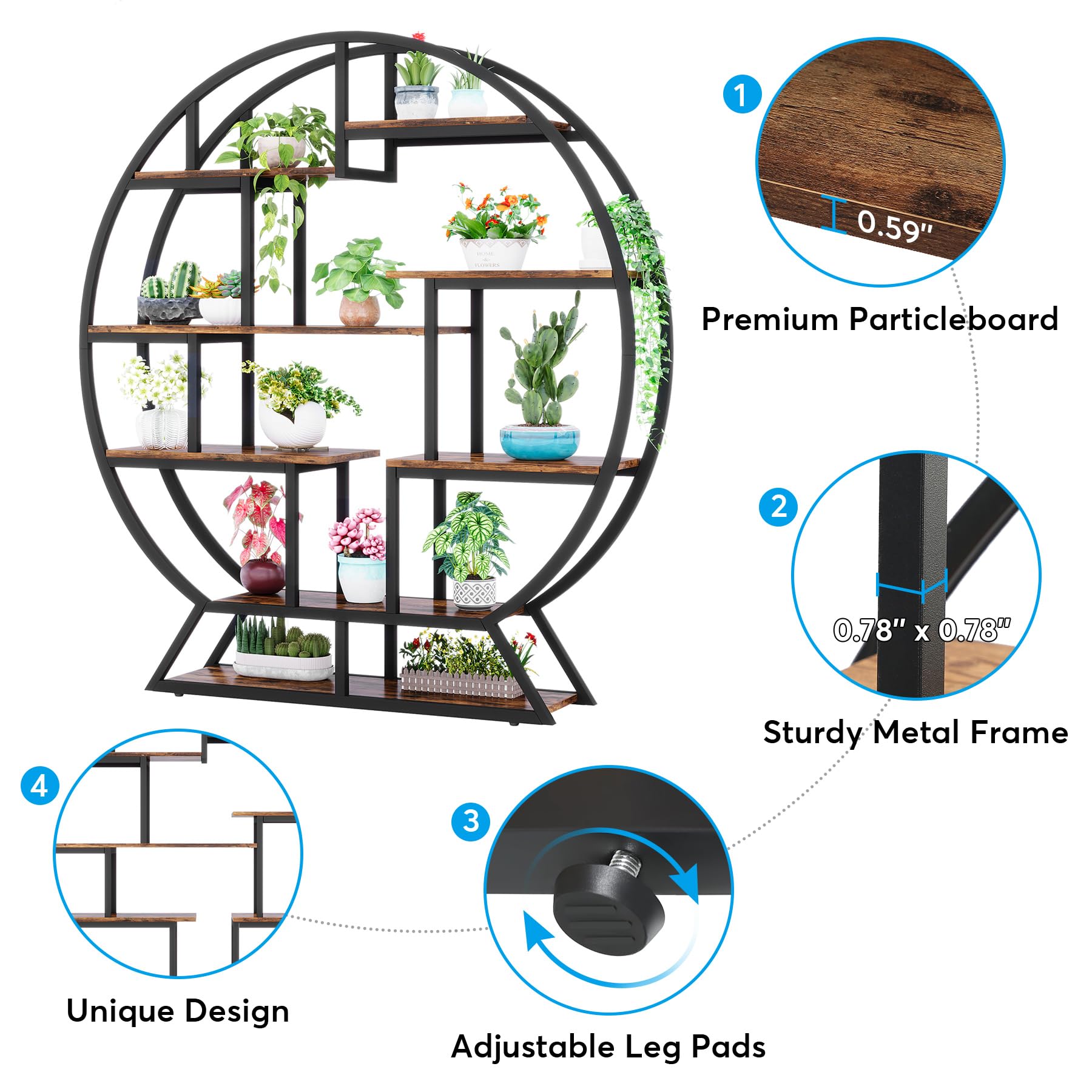 Tribesigns Indoor Plant Stand, 63 Inch Round Plant Shelf Holder, Multipurpose Flower Pot Stands with 8 Shelves, Metal and Wood Bonsai Potted Plants Display Rack for Living Room, Balcony, Patio - Image 6