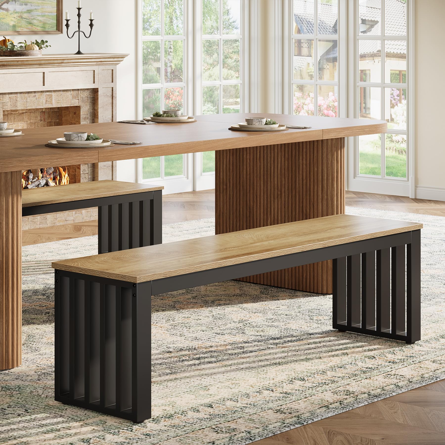 Tribesigns Industrial Dining Bench, 47.3" Indoor Wood Entryway Bench with Metal Frame, Dining Table Bench for Dining Room, Kitchen, End of Bed, Entry (Brown & Black) - Image 3