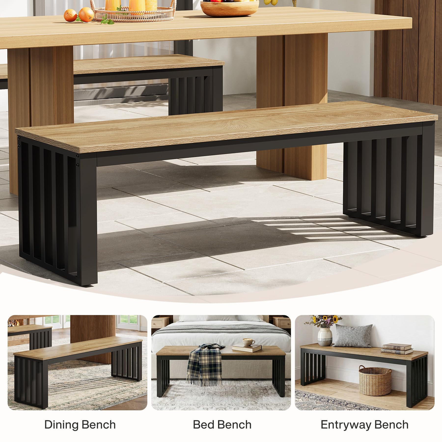 Tribesigns Industrial Dining Bench, 47.3" Indoor Wood Entryway Bench with Metal Frame, Dining Table Bench for Dining Room, Kitchen, End of Bed, Entry (Brown & Black) - Image 7