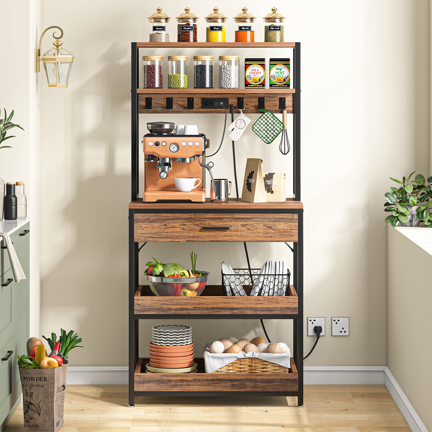 Tribesigns Kitchen Bakers Rack with Power Outlets, 5-Tier Microwave Oven Stand with Drawer and Sliding Shelves, Freestanding Coffee Bar, Kitchen Storage Shelf with 6 Hooks, Rustic Brown - Image 5