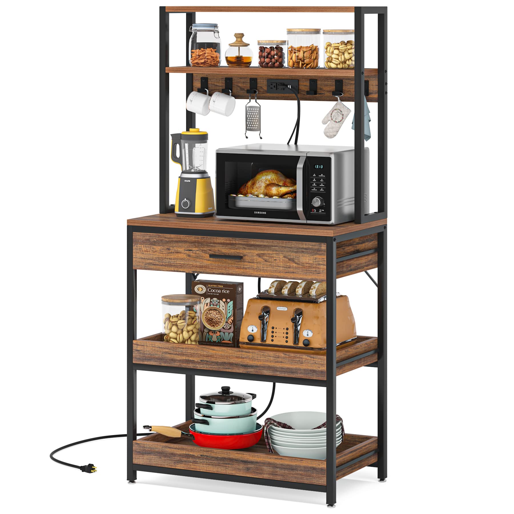 Tribesigns Kitchen Bakers Rack with Power Outlets, 5-Tier Microwave Oven Stand with Drawer and Sliding Shelves, Freestanding Coffee Bar, Kitchen Storage Shelf with 6 Hooks, Rustic Brown - Image 8