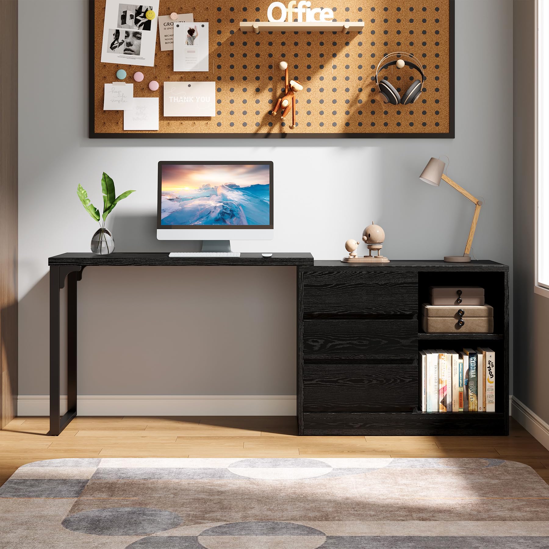 Tribesigns L-Shaped Computer Desk with Drawers and Shelves, Reversible Corner Office Desk with Storage Cabinet, Modern Study Writing Table for Home Office, Bedroom (Black) - Image 3