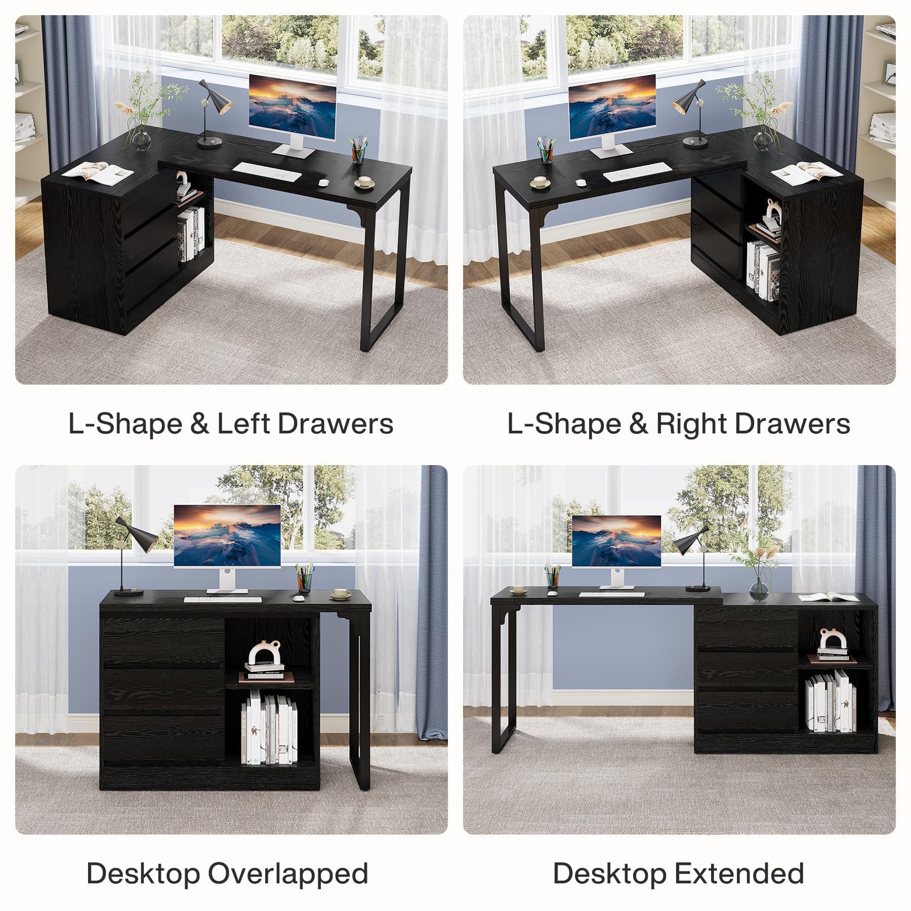 Tribesigns L-Shaped Computer Desk with Drawers and Shelves, Reversible Corner Office Desk with Storage Cabinet, Modern Study Writing Table for Home Office, Bedroom (Black) - Image 4