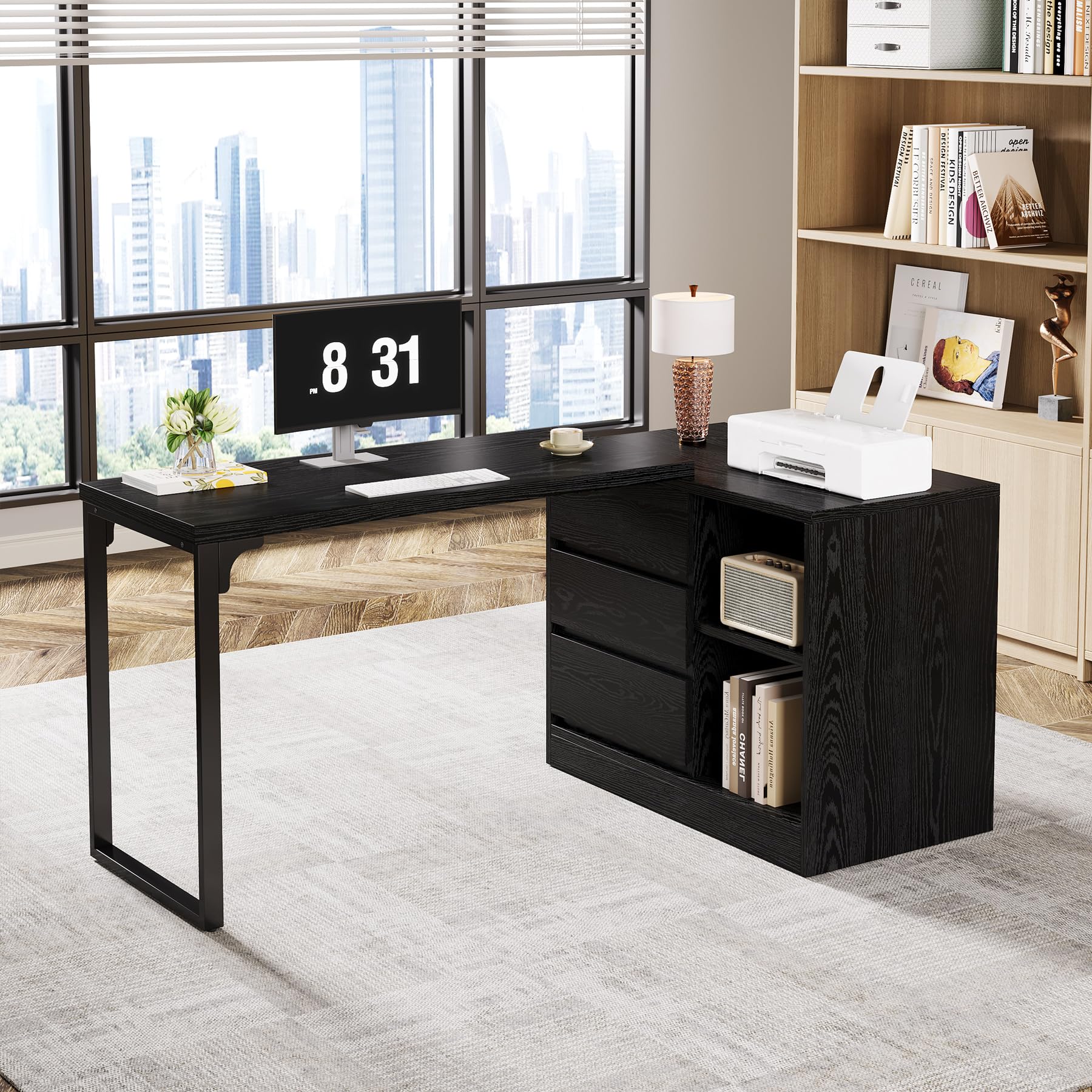 Tribesigns L-Shaped Computer Desk with Drawers and Shelves, Reversible Corner Office Desk with Storage Cabinet, Modern Study Writing Table for Home Office, Bedroom (Black) - Image 5