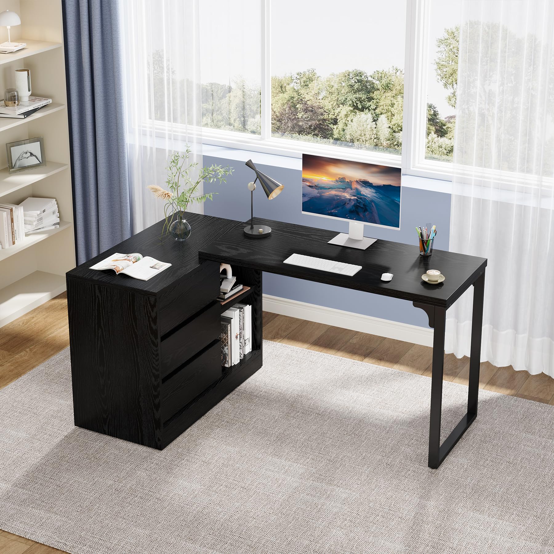Tribesigns L-Shaped Computer Desk with Drawers and Shelves, Reversible Corner Office Desk with Storage Cabinet, Modern Study Writing Table for Home Office, Bedroom (Black) - Image 7