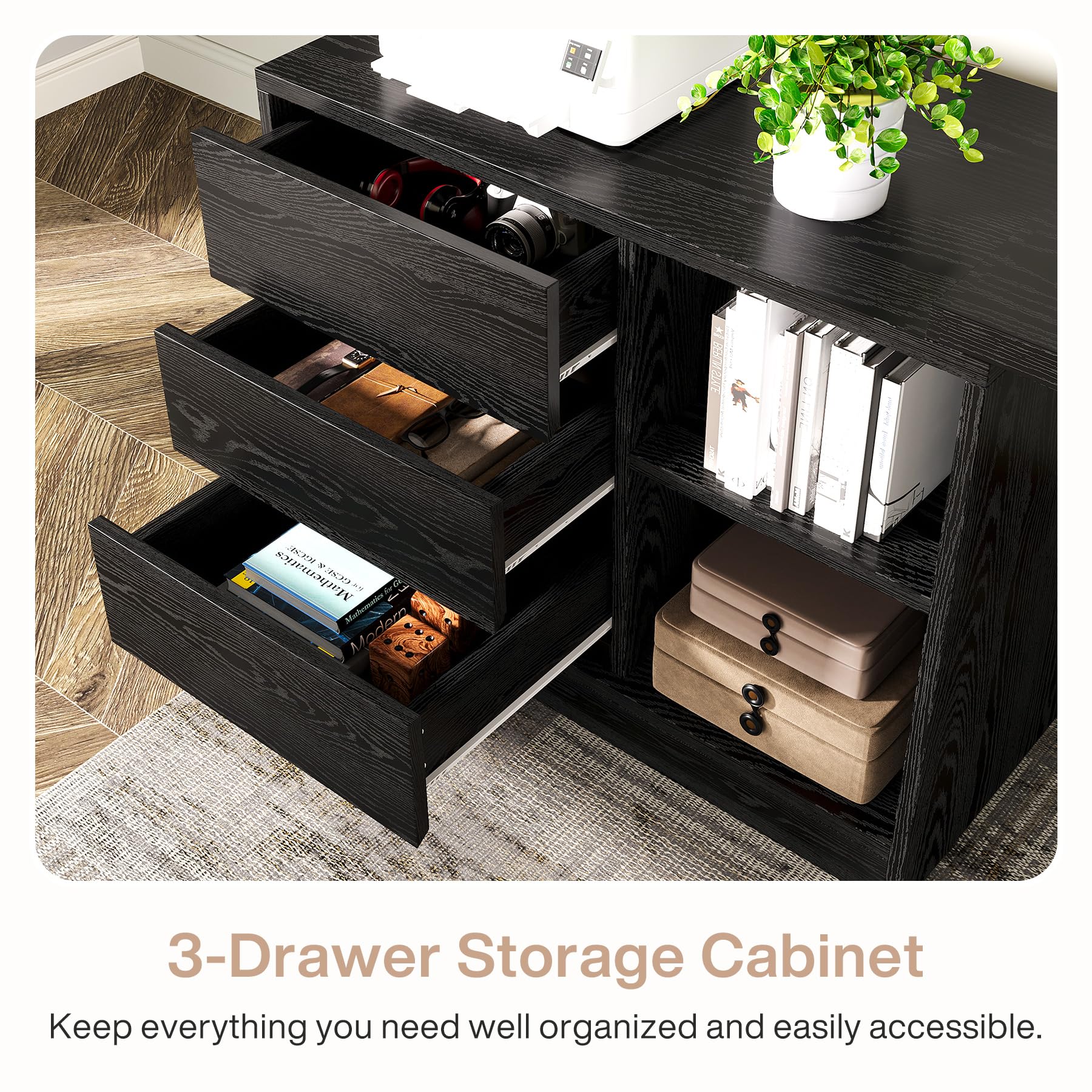 Tribesigns L-Shaped Computer Desk with Drawers and Shelves, Reversible Corner Office Desk with Storage Cabinet, Modern Study Writing Table for Home Office, Bedroom (Black) - Image 9