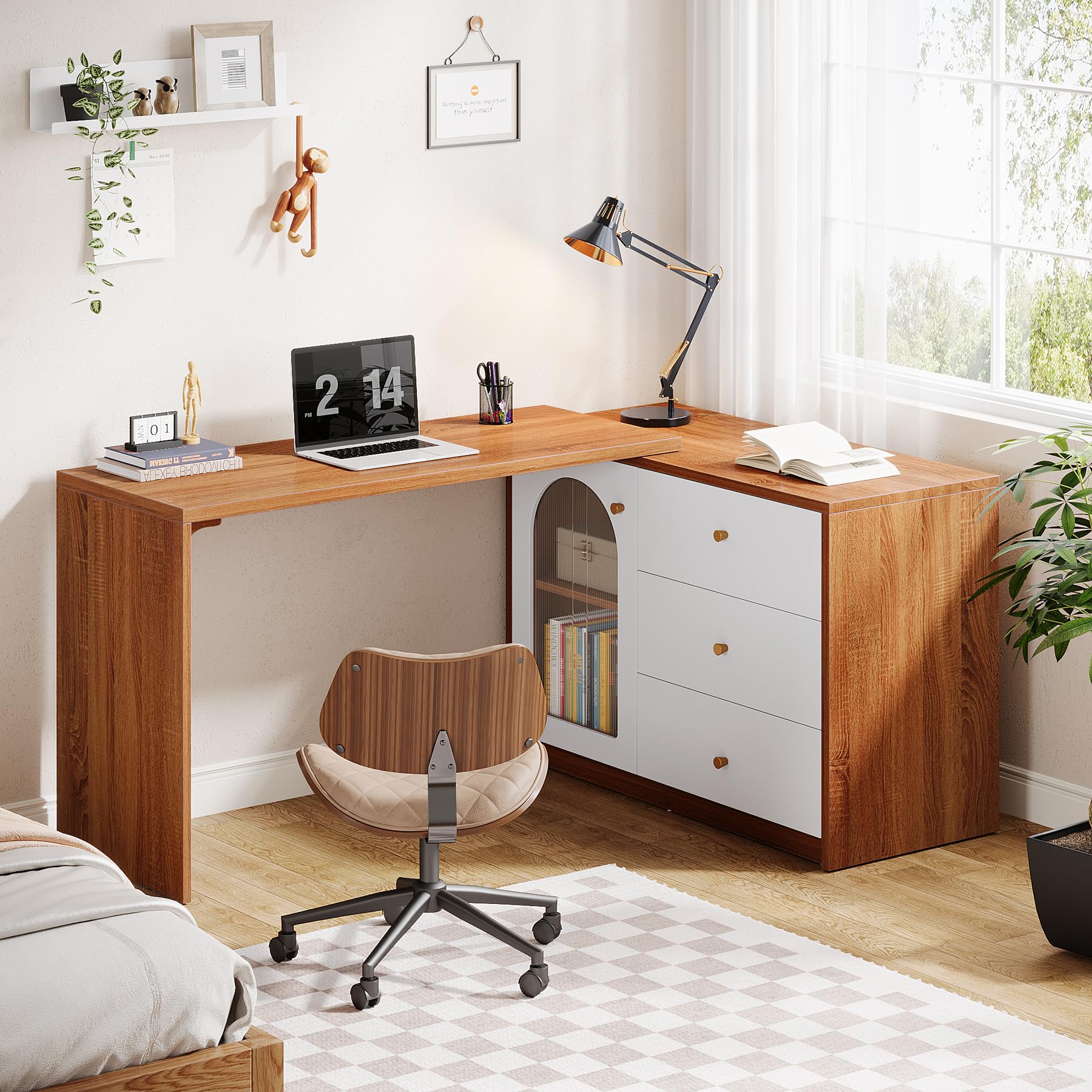 Tribesigns L Shaped Computer Desk with Drawers, Modern Corner Home Office Desk with Reversible Storage Cabinet, Long Study Writing Desk Workstation for Home Office, Rustic Brown - Image 3
