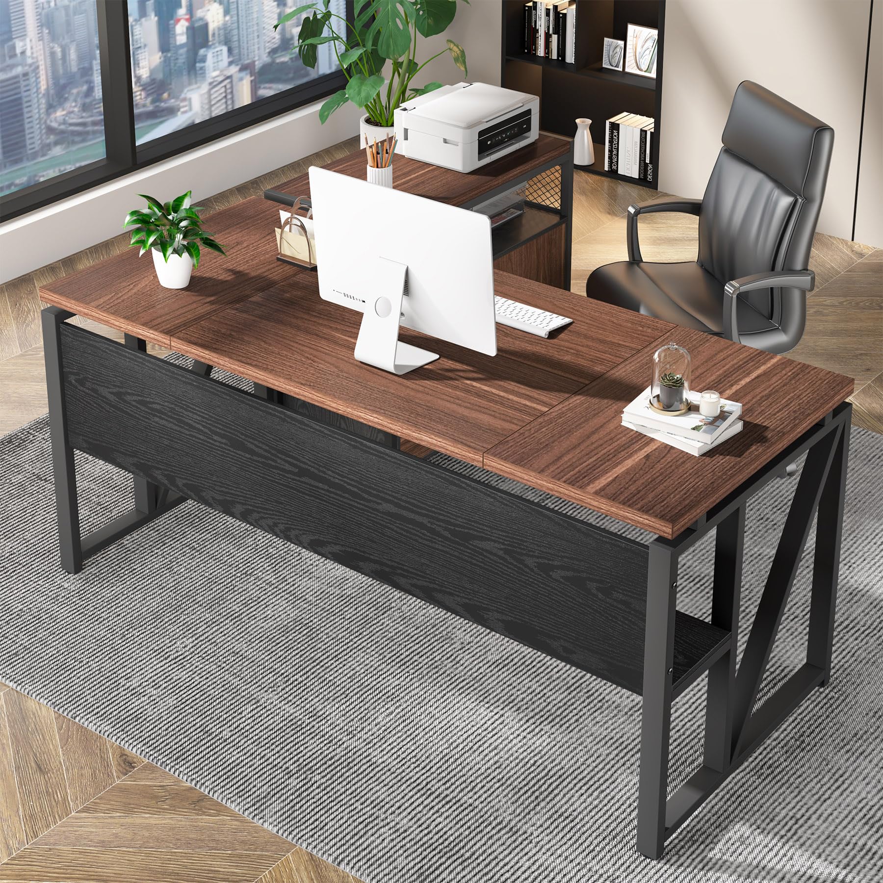 Tribesigns L-Shaped Desk with Drawers, 63" Executive Office Desk with Mobile File Cabinet and Storage Shelves, Home Office Business Furniture Set (Dark Brown and Black) - Image 3