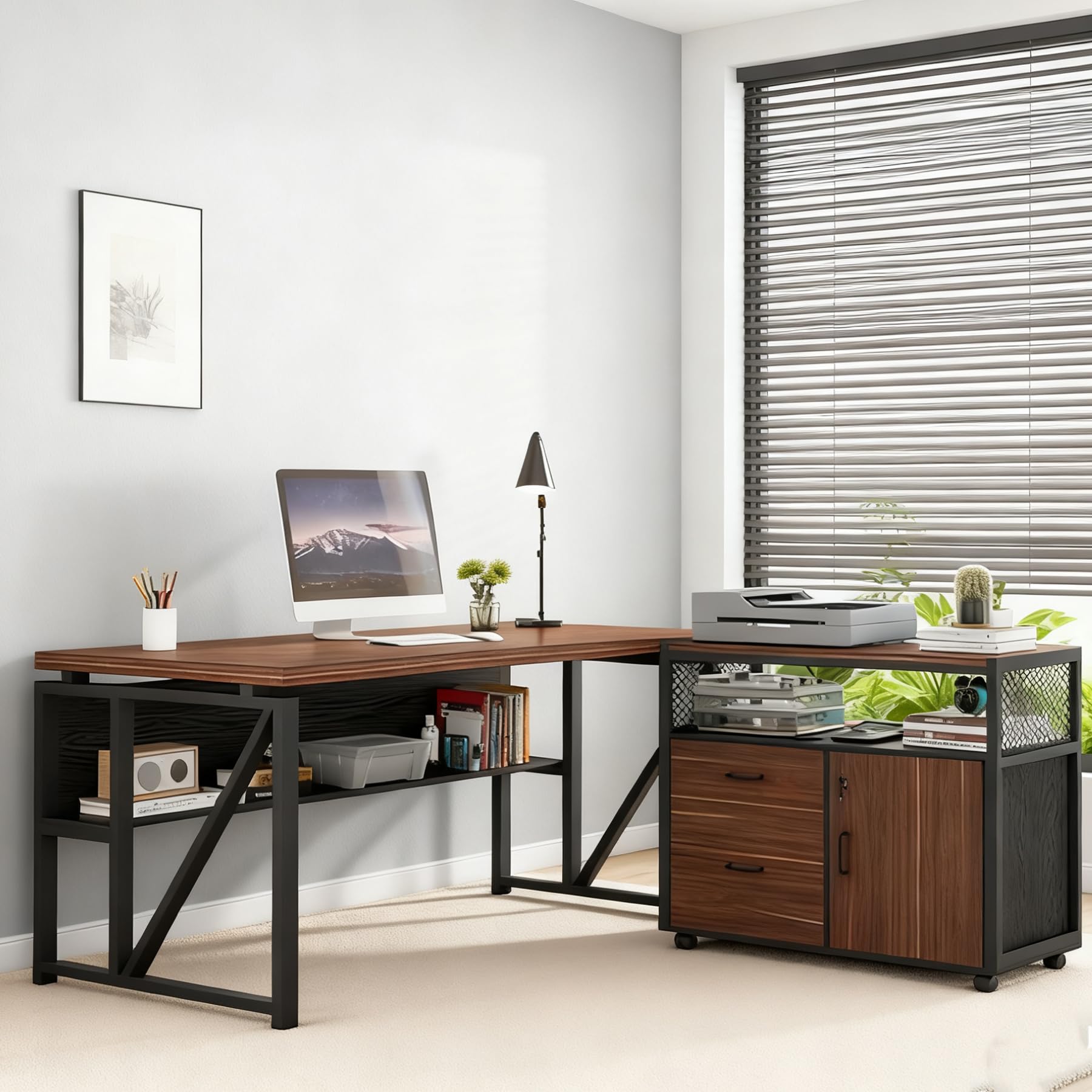 Tribesigns L-Shaped Desk with Drawers, 63" Executive Office Desk with Mobile File Cabinet and Storage Shelves, Home Office Business Furniture Set (Dark Brown and Black) - Image 4