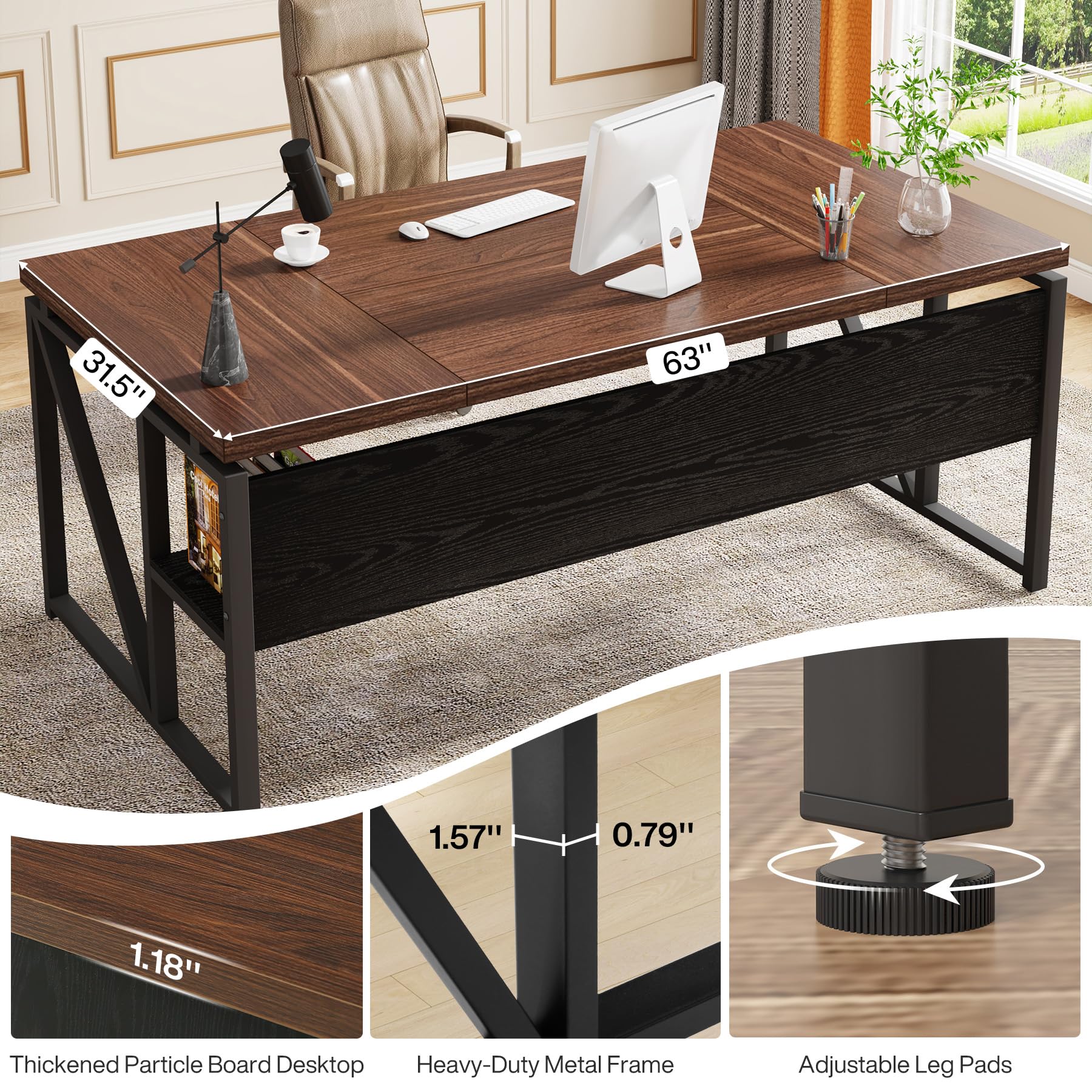 Tribesigns L-Shaped Desk with Drawers, 63" Executive Office Desk with Mobile File Cabinet and Storage Shelves, Home Office Business Furniture Set (Dark Brown and Black) - Image 5