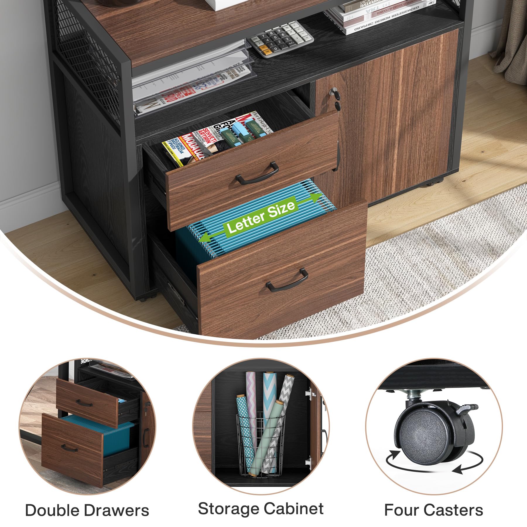 Tribesigns L-Shaped Desk with Drawers, 63" Executive Office Desk with Mobile File Cabinet and Storage Shelves, Home Office Business Furniture Set (Dark Brown and Black) - Image 6