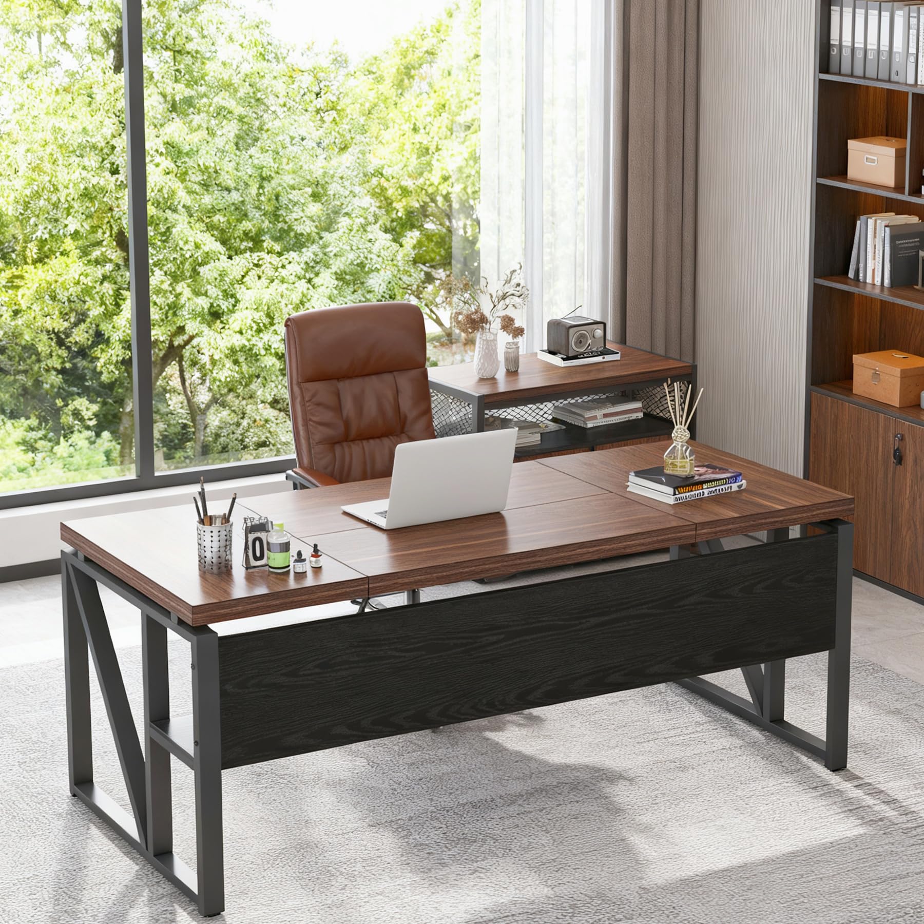 Tribesigns L-Shaped Desk with Drawers, 63" Executive Office Desk with Mobile File Cabinet and Storage Shelves, Home Office Business Furniture Set (Dark Brown and Black) - Image 7