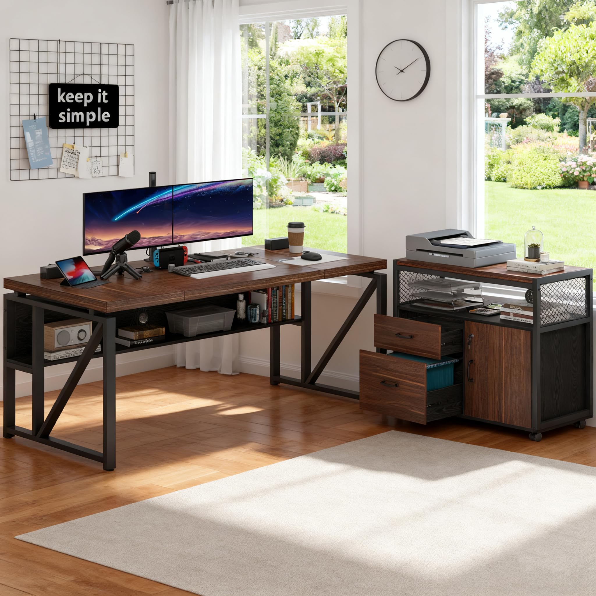 Tribesigns L-Shaped Desk with Drawers, 63" Executive Office Desk with Mobile File Cabinet and Storage Shelves, Home Office Business Furniture Set (Dark Brown and Black) - Image 8