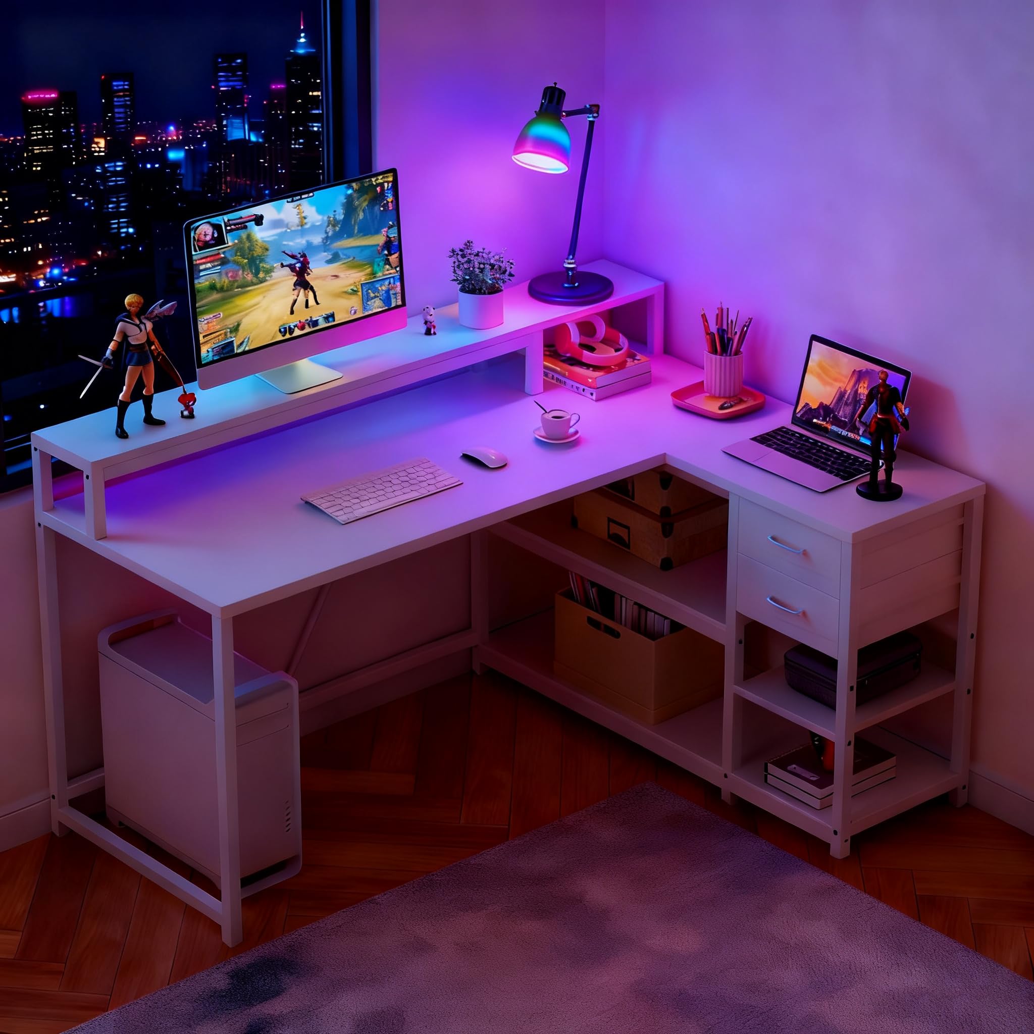 Tribesigns L Shaped Desk with Drawers and Storage Shelves, Home Office L Corner Desk with Monitor Stand, 55" x 24" Desktop Computer Desk, Gaming Desk Study Desk for Small Space (White) - Image 10