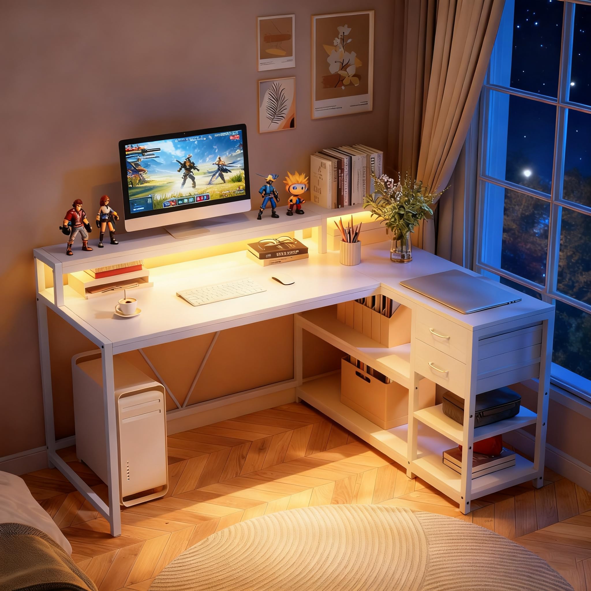 Tribesigns L Shaped Desk with Drawers and Storage Shelves, Home Office L Corner Desk with Monitor Stand, 55" x 24" Desktop Computer Desk, Gaming Desk Study Desk for Small Space (White) - Image 3