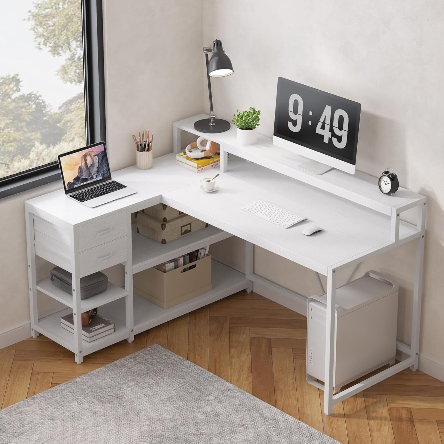 Tribesigns L Shaped Desk with Drawers and Storage Shelves, Home Office L Corner Desk with Monitor Stand, 55" x 24" Desktop Computer Desk, Gaming Desk Study Desk for Small Space (White) - Image 6