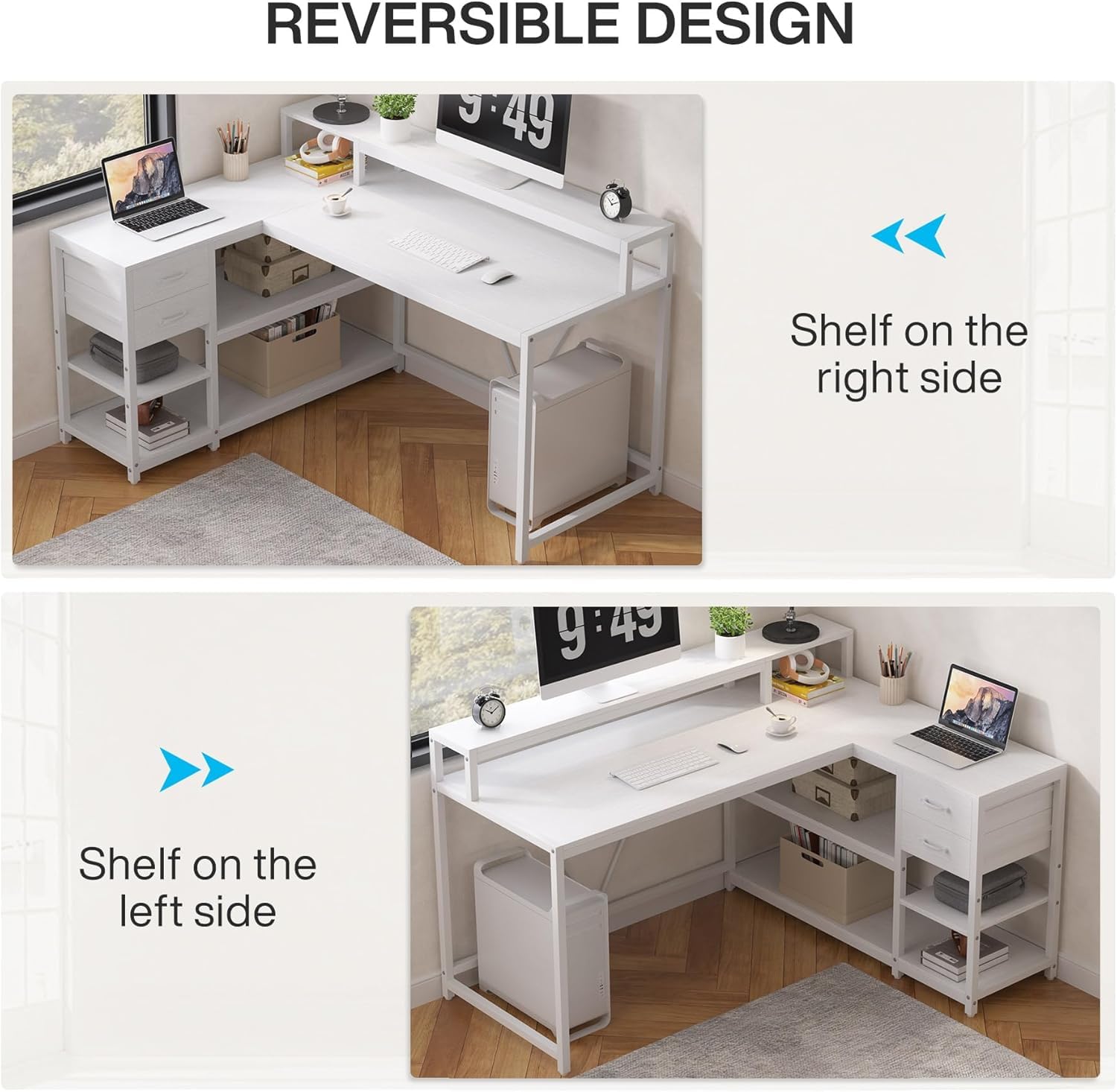 Tribesigns L Shaped Desk with Drawers and Storage Shelves, Home Office L Corner Desk with Monitor Stand, 55" x 24" Desktop Computer Desk, Gaming Desk Study Desk for Small Space (White) - Image 7
