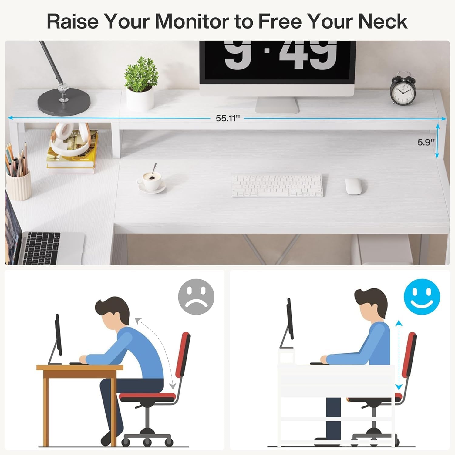 Tribesigns L Shaped Desk with Drawers and Storage Shelves, Home Office L Corner Desk with Monitor Stand, 55" x 24" Desktop Computer Desk, Gaming Desk Study Desk for Small Space (White) - Image 8