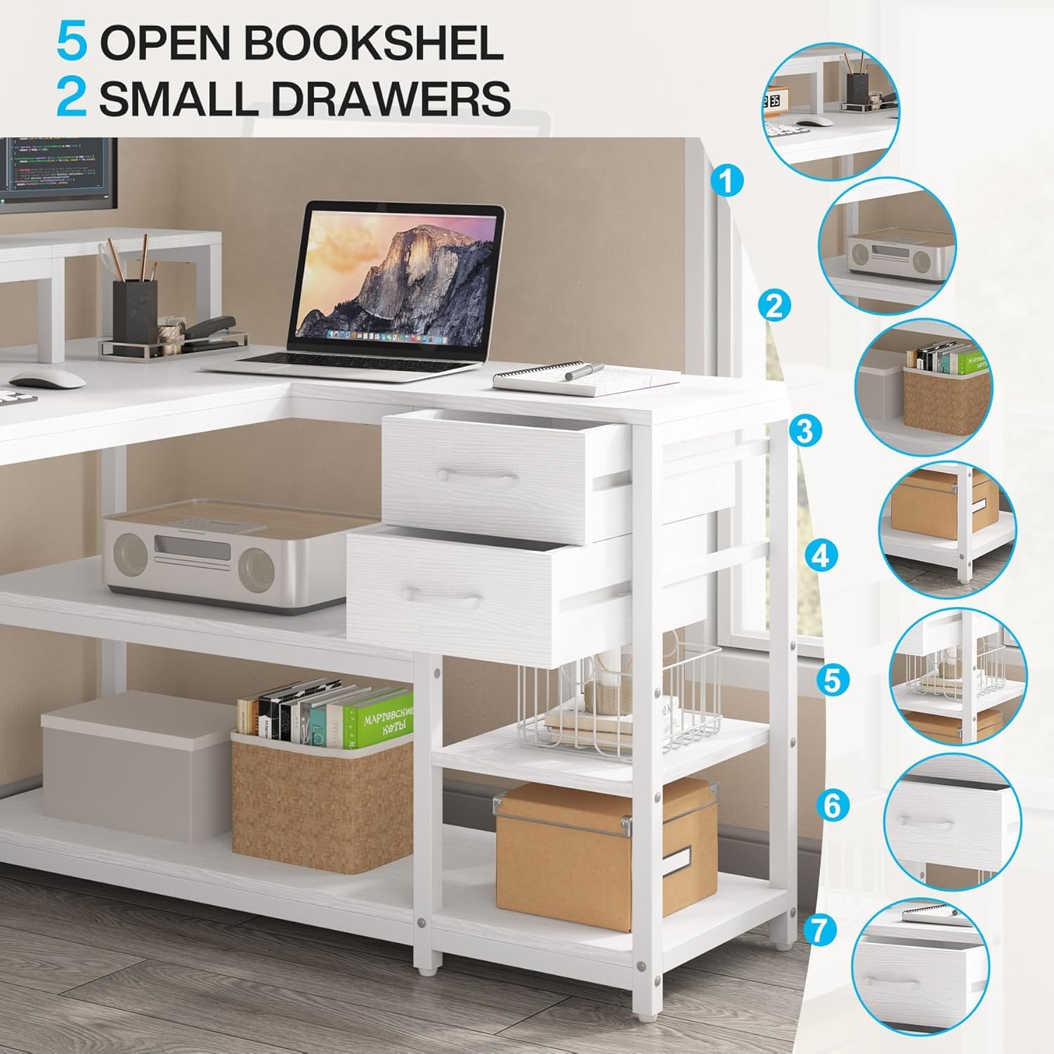 Tribesigns L Shaped Desk with Drawers and Storage Shelves, Home Office L Corner Desk with Monitor Stand, 55" x 24" Desktop Computer Desk, Gaming Desk Study Desk for Small Space (White) - Image 9