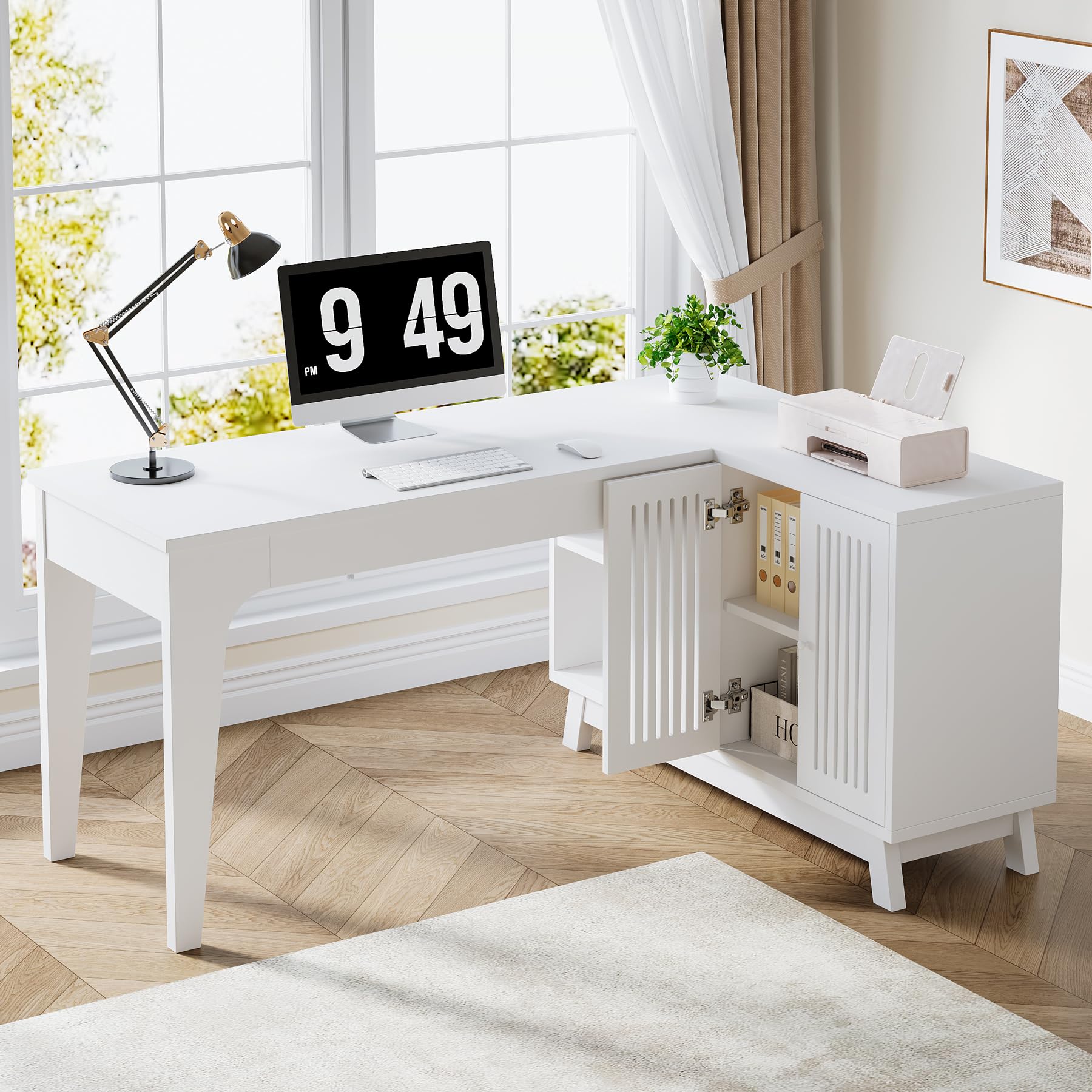 Tribesigns L-Shaped Desk with Storage Cabinet, 57-Inch Wood Corner Workstation, Home Office Computer Desk, Study Writing Table (White) - Image 3