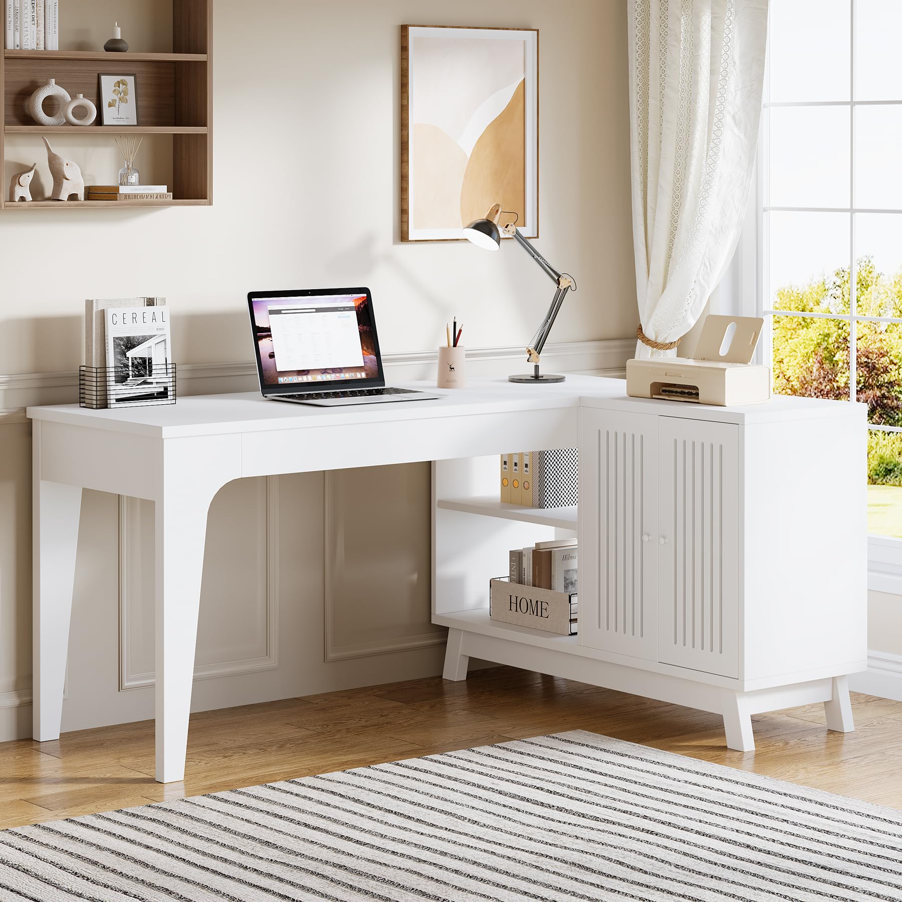 Tribesigns L-Shaped Desk with Storage Cabinet, 57-Inch Wood Corner Workstation, Home Office Computer Desk, Study Writing Table (White) - Image 4