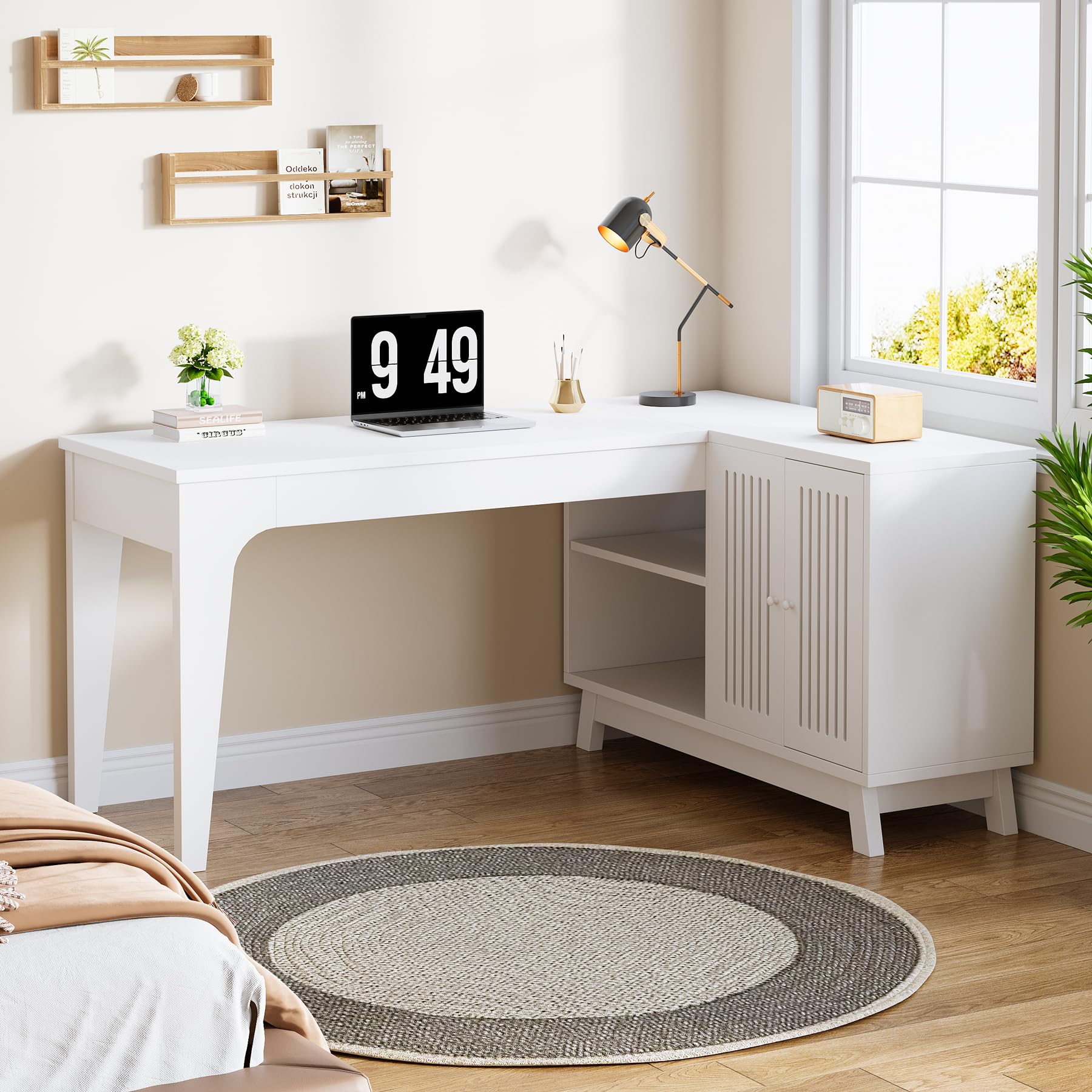 Tribesigns L-Shaped Desk with Storage Cabinet, 57-Inch Wood Corner Workstation, Home Office Computer Desk, Study Writing Table (White) - Image 5