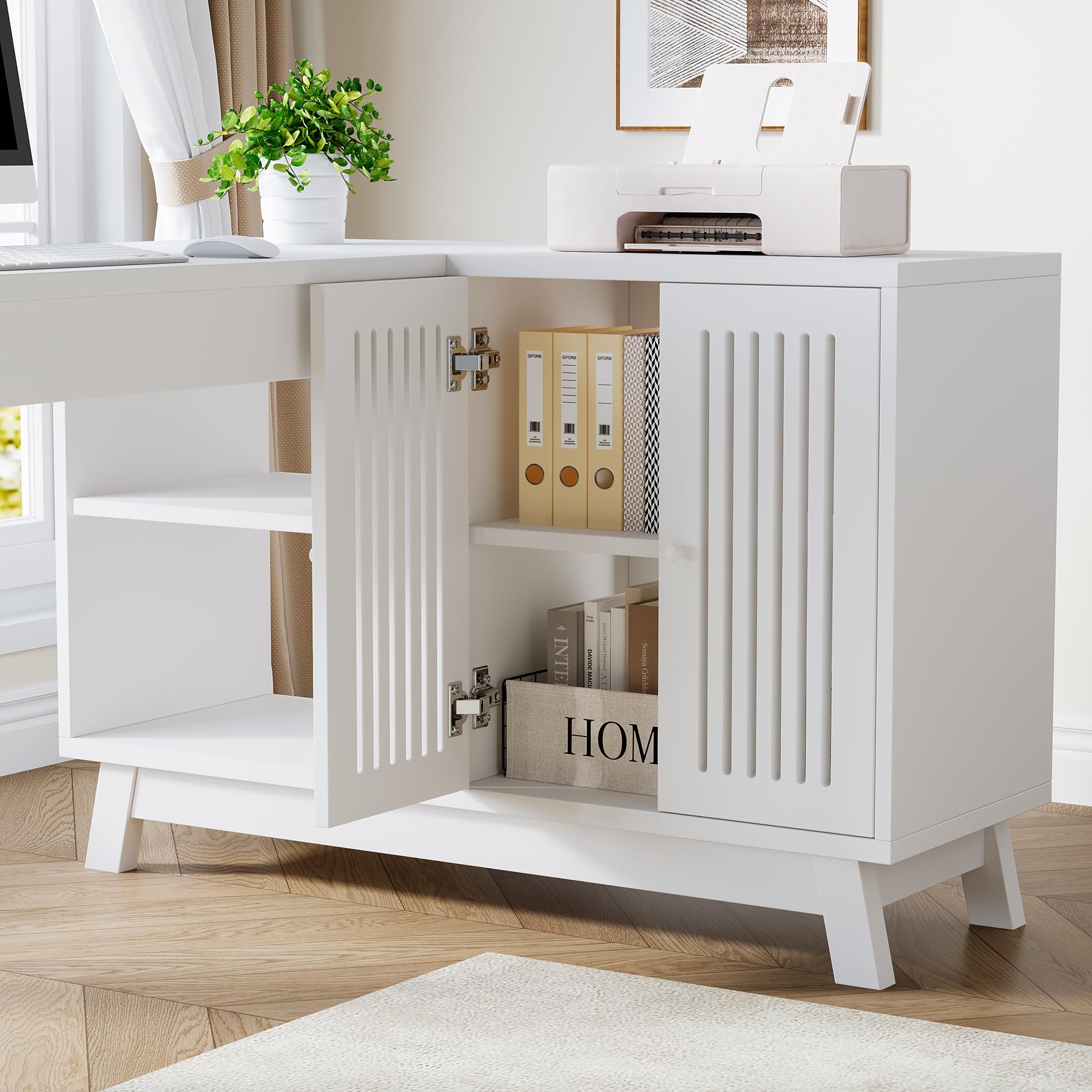 Tribesigns L-Shaped Desk with Storage Cabinet, 57-Inch Wood Corner Workstation, Home Office Computer Desk, Study Writing Table (White) - Image 6