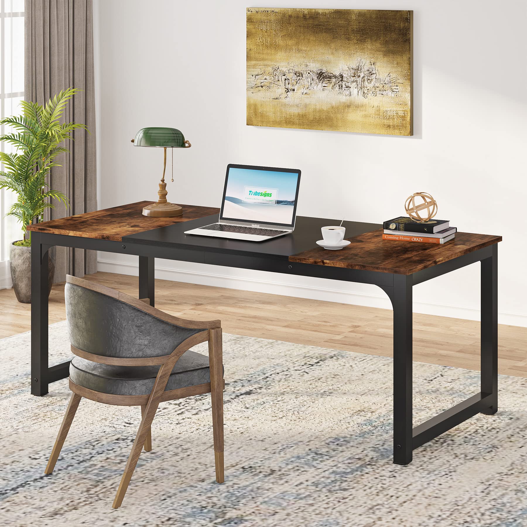 Tribesigns Modern Computer Desk, 63 x 31.5 inch Large Office Desk Computer Table Study Writing Desk Workstation for Home Office, Vintage Black Metal Frame - Image 3