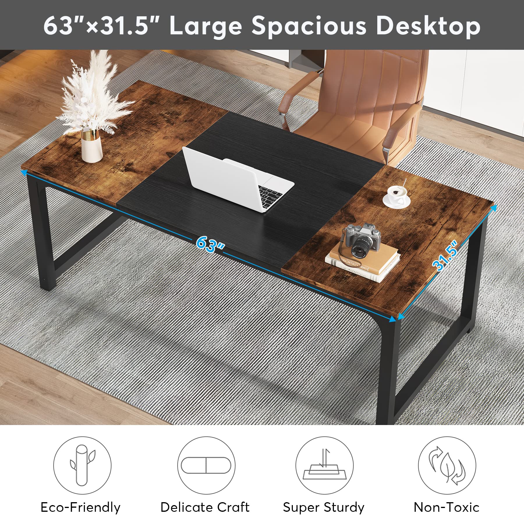Tribesigns Modern Computer Desk, 63 x 31.5 inch Large Office Desk Computer Table Study Writing Desk Workstation for Home Office, Vintage Black Metal Frame - Image 5