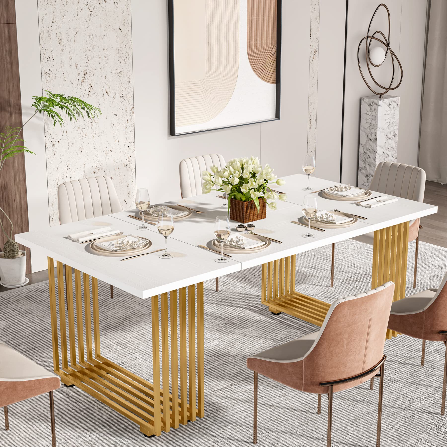 Tribesigns Modern Dining Table for 6-8 People, 70.8 Inches Long White Room Kitchen, Wood Kitchen with Gold Metal Legs, Rectangular Dinner Room, Family Gathering - Image 3