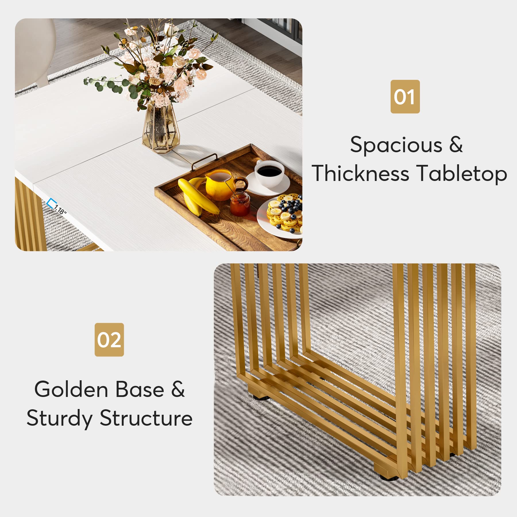 Tribesigns Modern Dining Table for 6-8 People, 70.8 Inches Long White Room Kitchen, Wood Kitchen with Gold Metal Legs, Rectangular Dinner Room, Family Gathering - Image 4