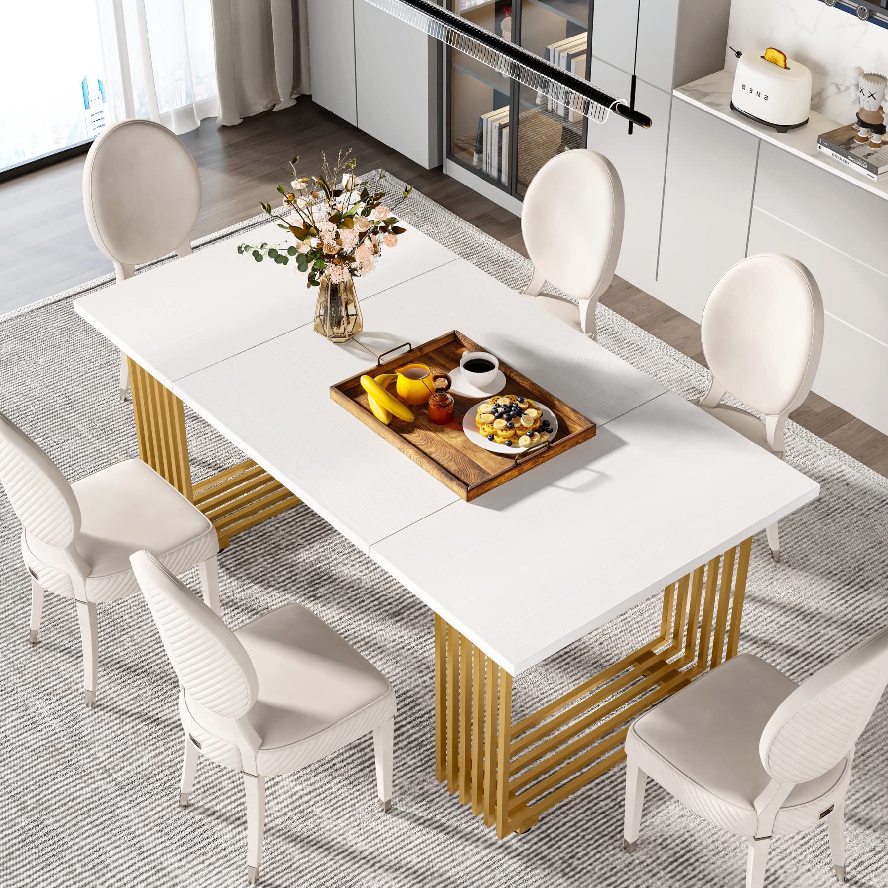 Tribesigns Modern Dining Table for 6-8 People, 70.8 Inches Long White Room Kitchen, Wood Kitchen with Gold Metal Legs, Rectangular Dinner Room, Family Gathering - Image 5