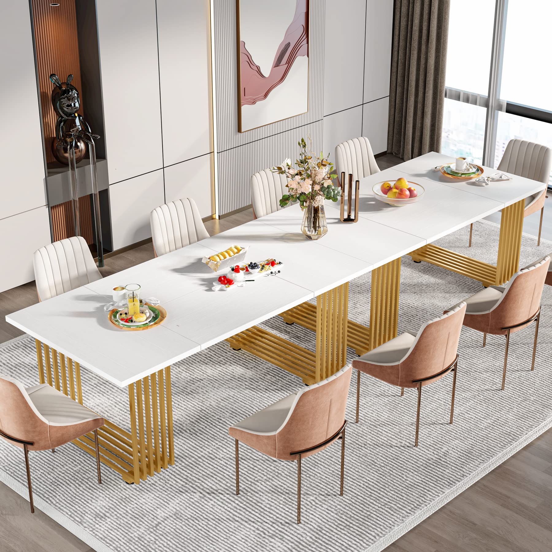 Tribesigns Modern Dining Table for 6-8 People, 70.8 Inches Long White Room Kitchen, Wood Kitchen with Gold Metal Legs, Rectangular Dinner Room, Family Gathering - Image 6